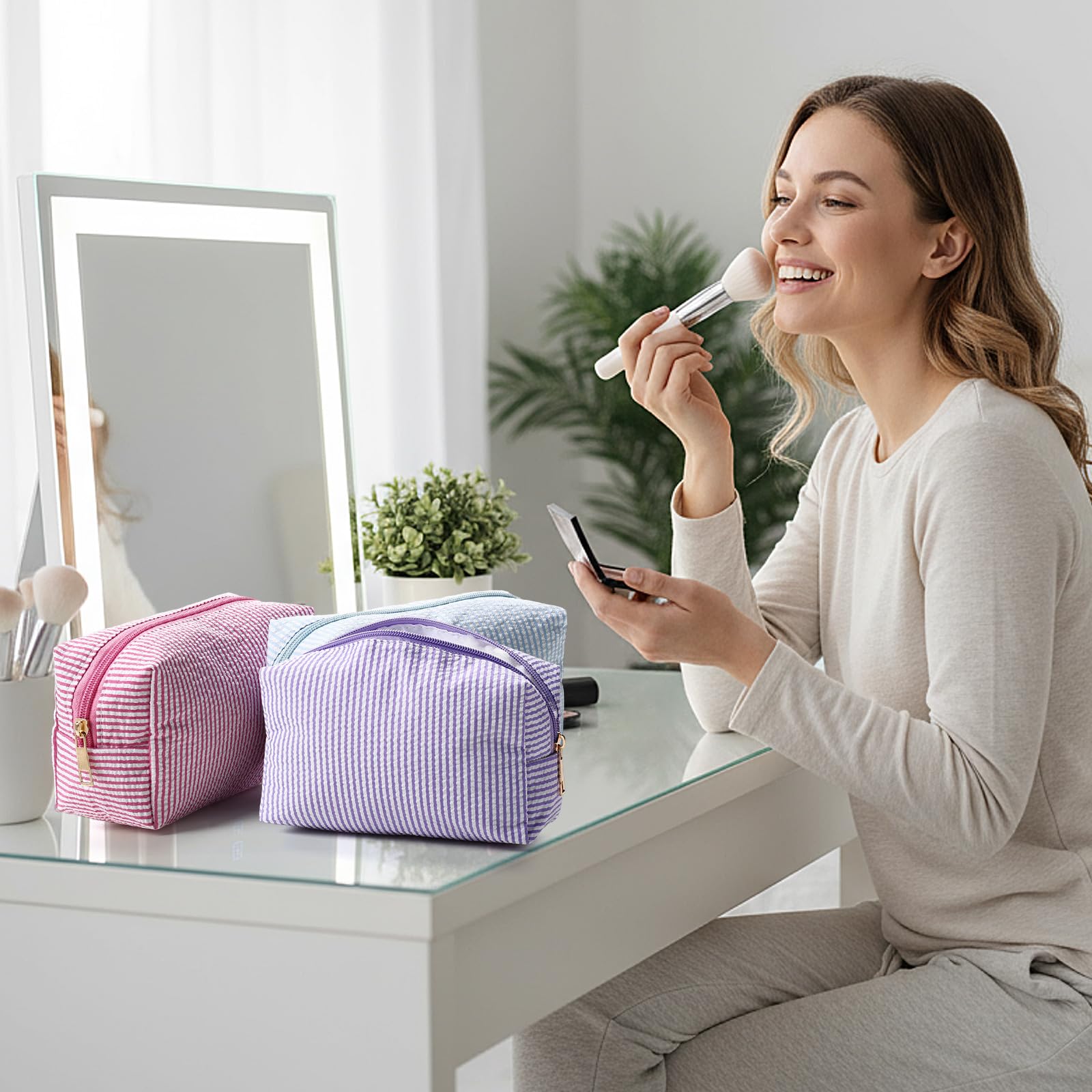Sanwuta Bolsas de cosméticos de sirsaca a granel, bolsas de maquillaje a rayas para mujer, bolsa grande de almacenamiento preparada, organizador de viaje para boda, dama de honor, novia, regalo para