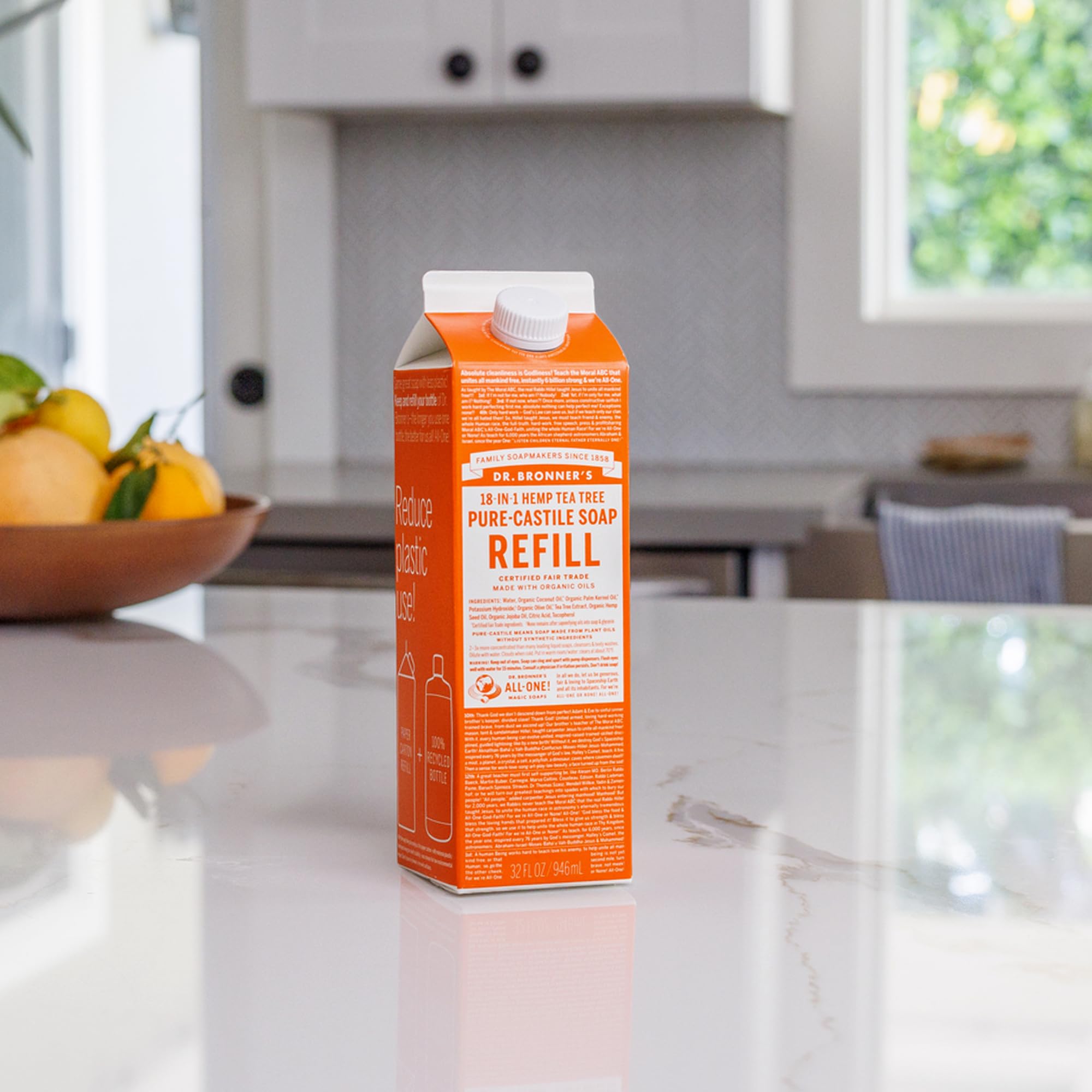 Dr. Bronner's Pure-Castile Liquid Magic Soap Bottle & Refill Carton - Made with Regenerative Organic Certified Oils, 86% Less Plastic per Quart - For Face, Body Wash, Hand Soap Refill- , 32oz