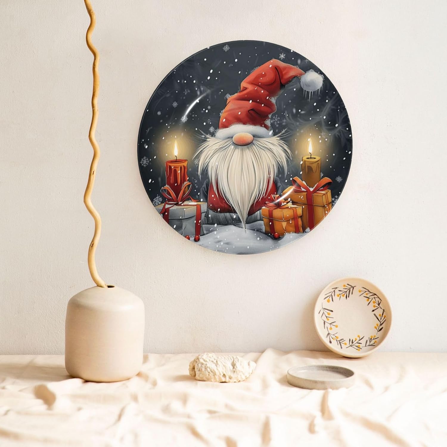 Christmas Cute Gnome Circle Decorative Porcelain Plates with Stand, 8" Hanging Bone China Art Plates for Home Hallway Wall Office Table Décor