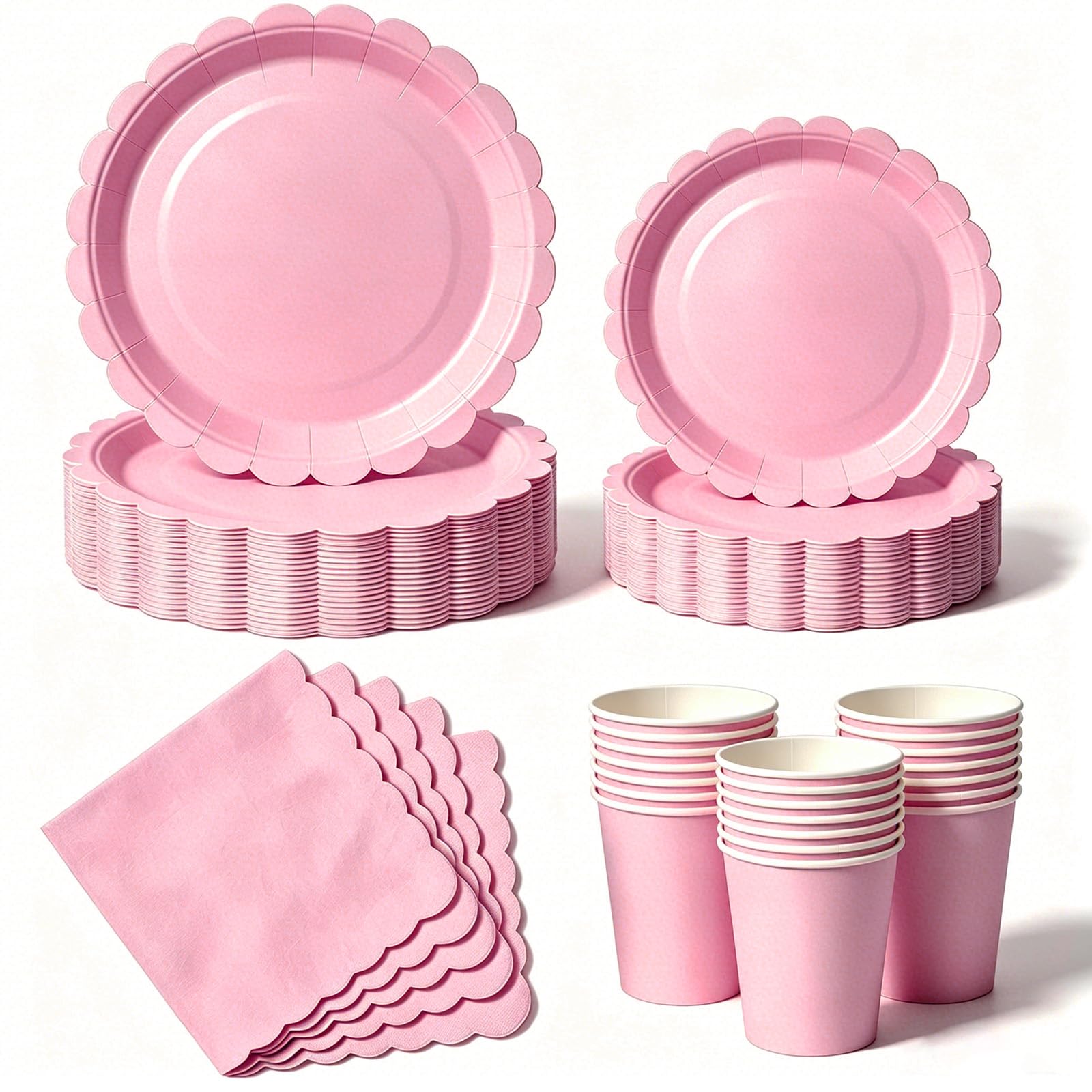 Nkaiso 50 Pcs Pink Scalloped Paper Plates and Napkins Set for 10
