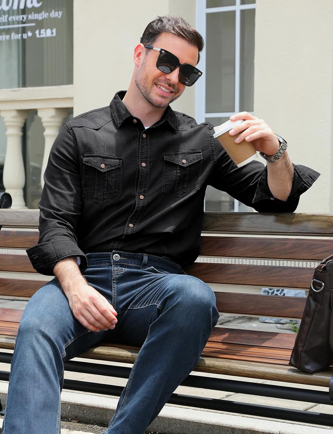 Eisctnd Men's Denim Button Down Shirt Classic Fit Long Sleeve Jean Work Shirts with 2 Pockets - Image 4