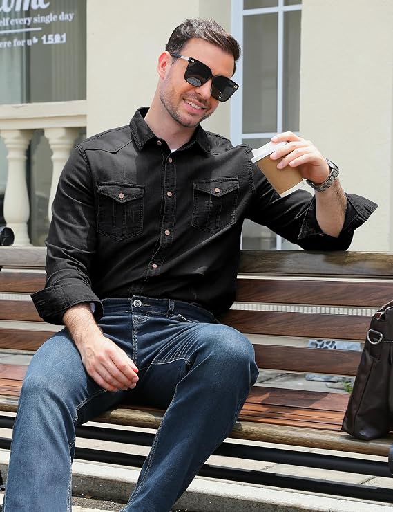 Men's Denim Shirt Slim Fit Long Sleeve Button Down Jean Work Shirts