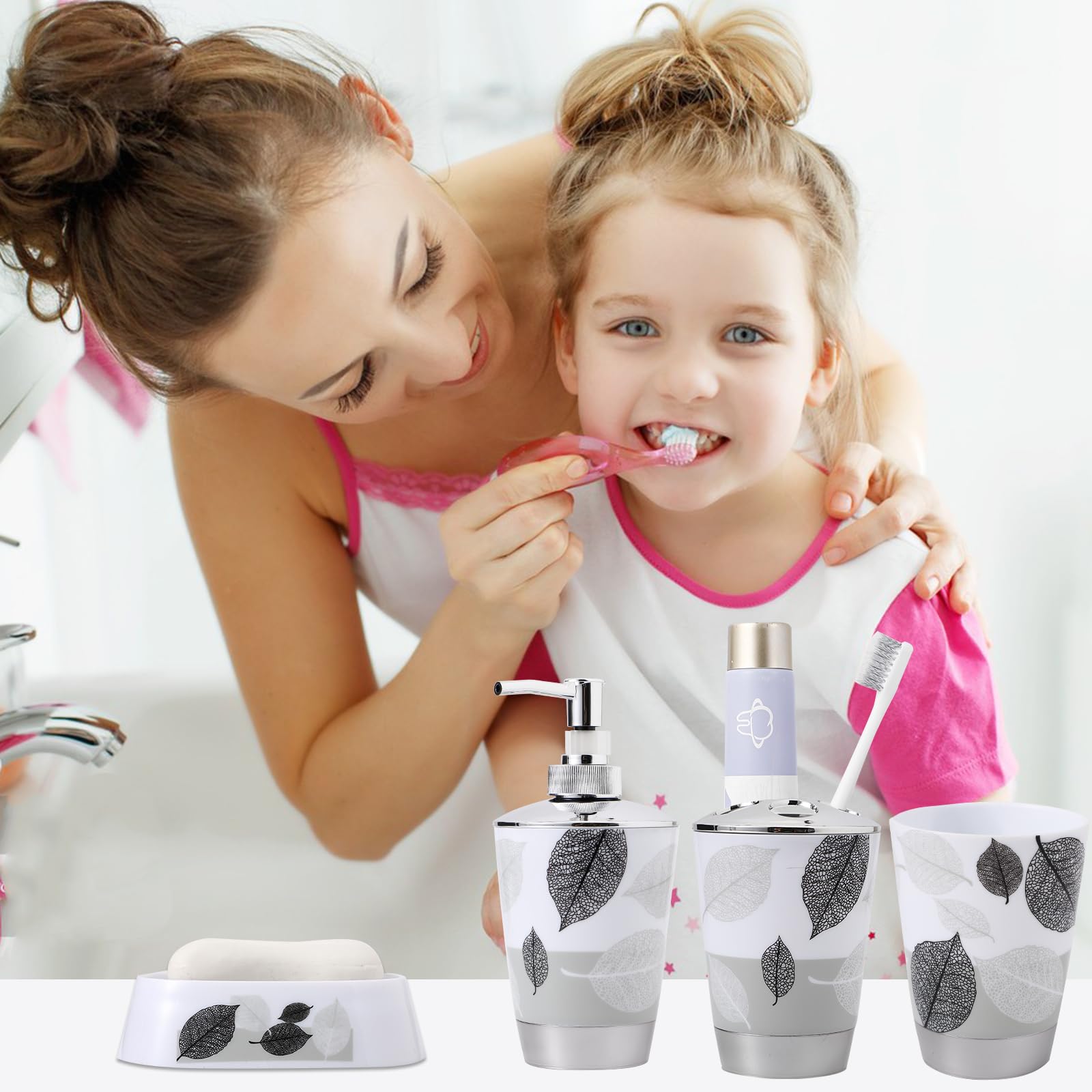 Juego de accesorios de baño grises con cortina de ducha de hojas grises, 12 juegos de baño con papelera, soporte para cepillo de dientes, vaso, dispensador de loción, bandeja, jabonera, cepillo de