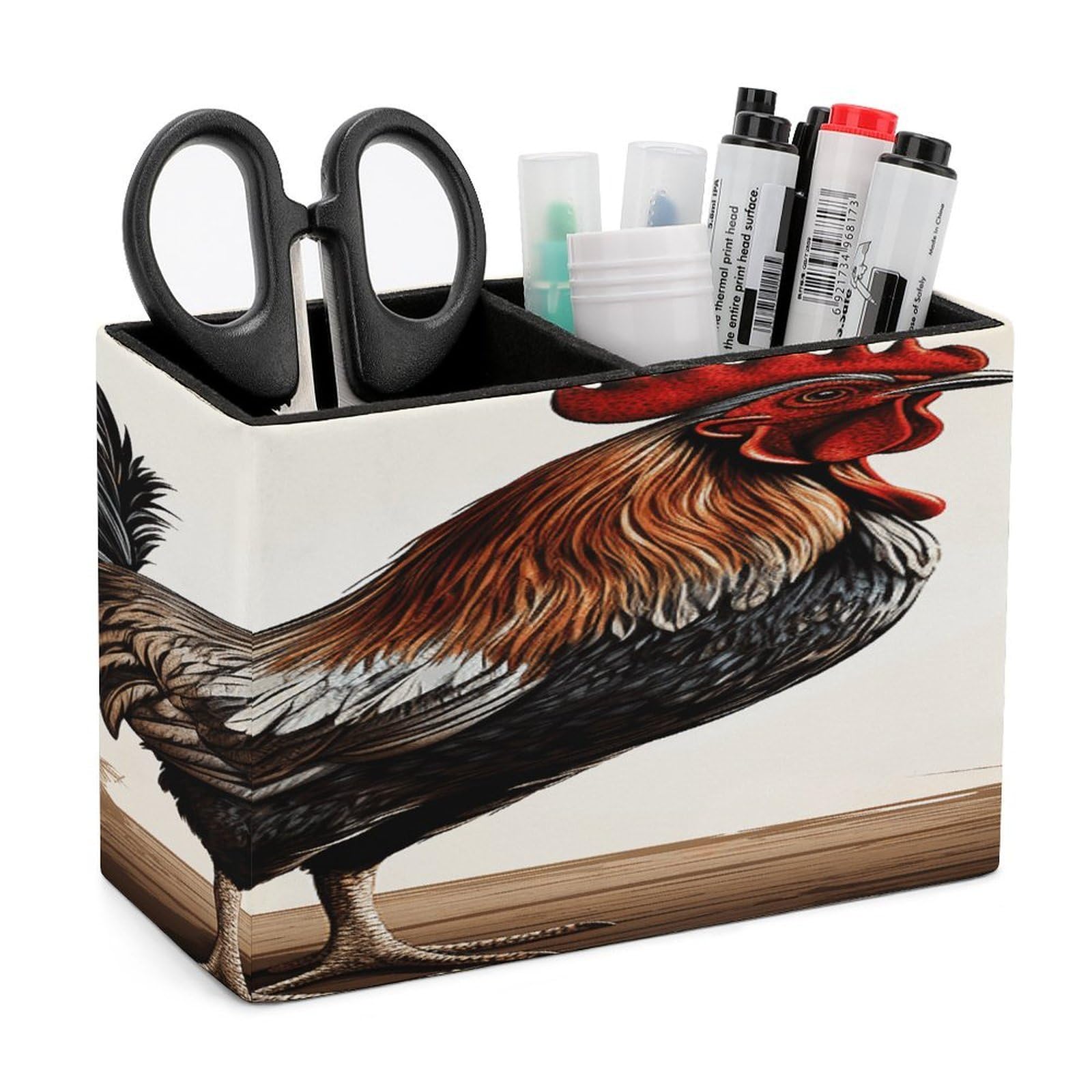 FodPand Rooster Leather Pen Holder for Desk Organizers Caddy Pencil Holder Multi-function Pen Organizer Large Makeup Brush Holders Pencil Cup for Home Office Storage Box