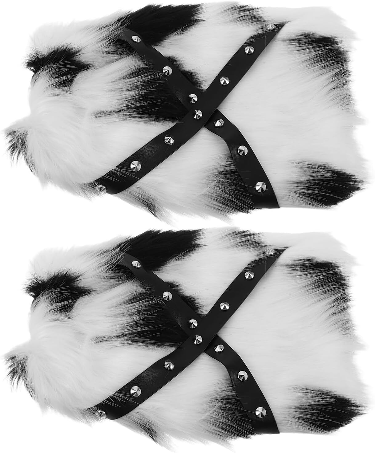 MAGICLULU Cow Print Faux Fur Leg Warmers with Punk Studs, Fluffy Boot for Women, 30cm Black and White Plush Warmers for Concerts, Parties, and Cold Weather
