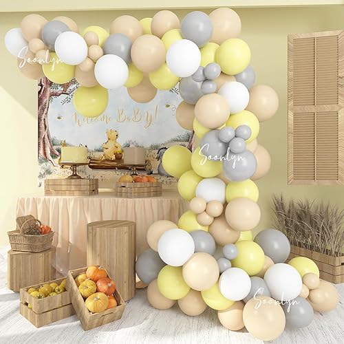 Soonlyn The Pooh - Kit de guirnalda de arco de globos para decoración de baby shower, 9-10 pies, 12 pulgadas, amarillo, nude, gris, blanco, para