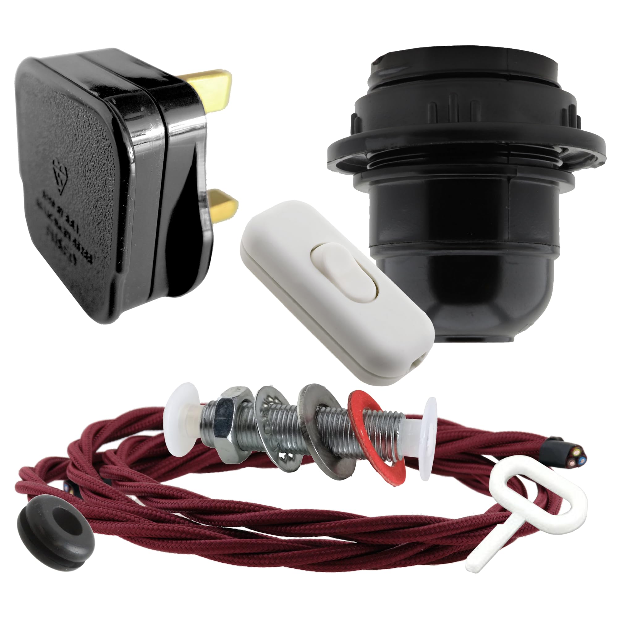 Art Deco Emporium Lamp Repair Kit|Black Plug|Burgundy Flex|White Switch|E27 Black Bakelite Lamp Holder