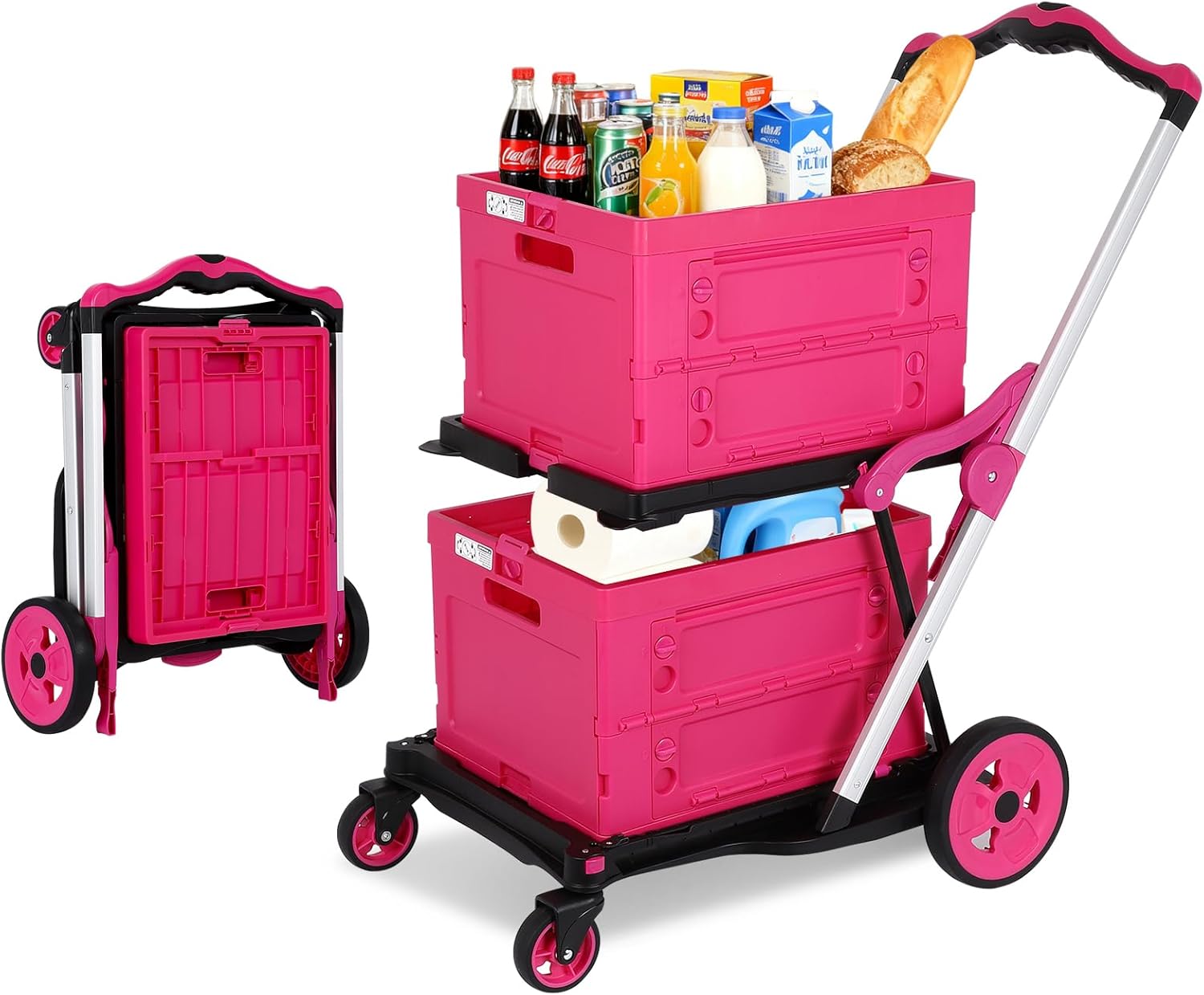 FAHKNS Collapsible Shopping Cart with Wheels: 1 Storage Crates Multi-Use Cart with 360° Swivel Wheels,Heavy Duty Folding Cart for Shopping Grocery Office,Blue