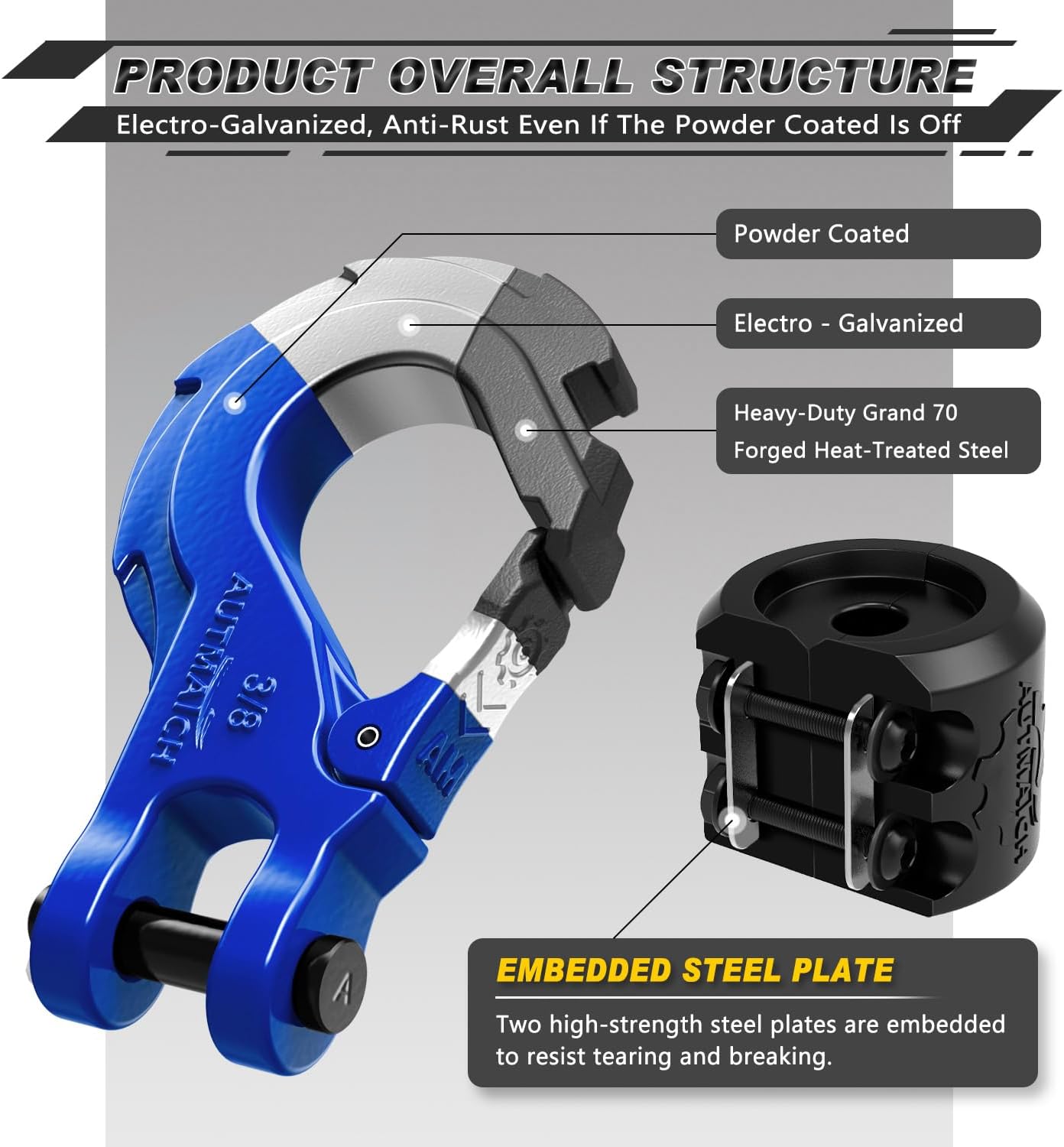 AUTMATCH 3/8" Winch Hook and Winch Snatch Block Pulley 18 Ton, Max 79,366Lbs Break Strength, Heavy Duty Off Road Recovery Towing Pulley Blocks Winch Rope, ATV, UTV, Truck, Blue