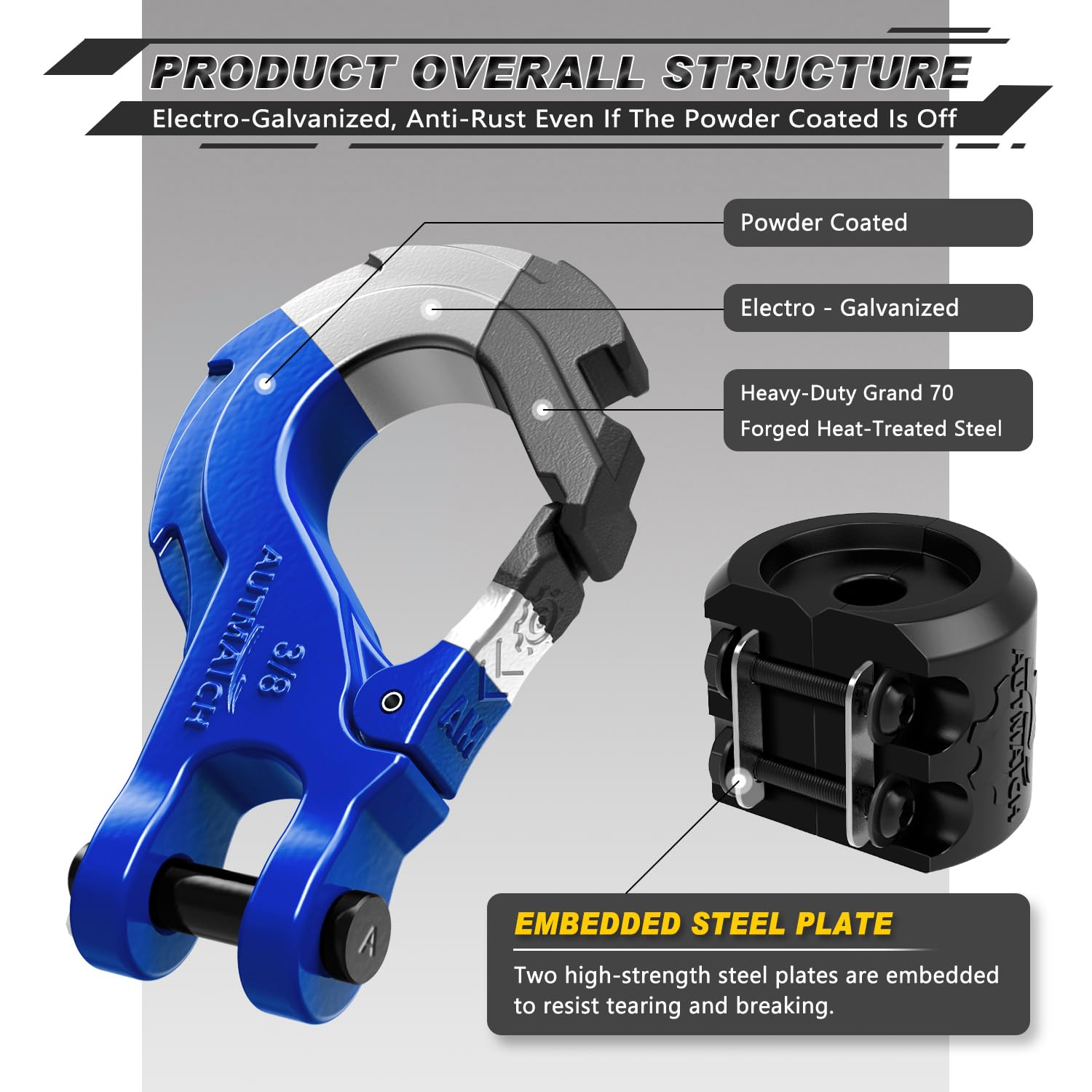 AUTMATCH Loquet de sécurité pour treuil de 9,5 mm – Grade 70 en Acier forgé avec Plaque en Acier, Charge maximale de 18 kg pour Corde de treuil, VTT, UTV, véhicule Tout-Terrain, Bleu