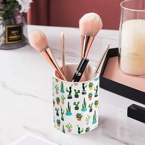 Miniatura 3 de Soporte para bolígrafos, soporte para brochas de maquillaje de cerámica dorado brillante tropical de cactus verde suculentas, taza para lápices para