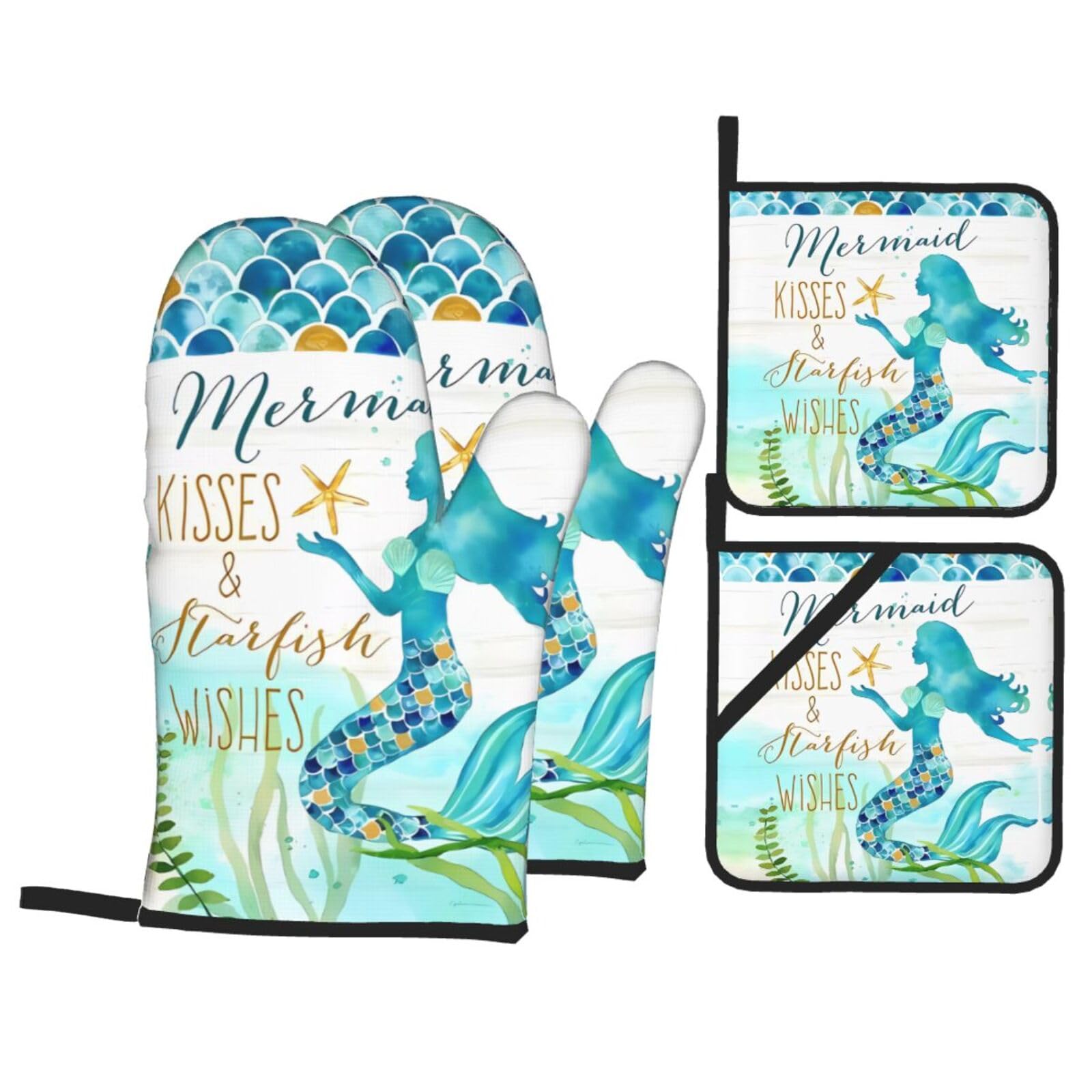 YYHHAOFA Mermaid Prints Kitchen Baking Set with Heat Resistant Pot Holders & Oven Mitts - Waterproof Layers for Cooking, Grilling & Serving, Includes Pocket Layer