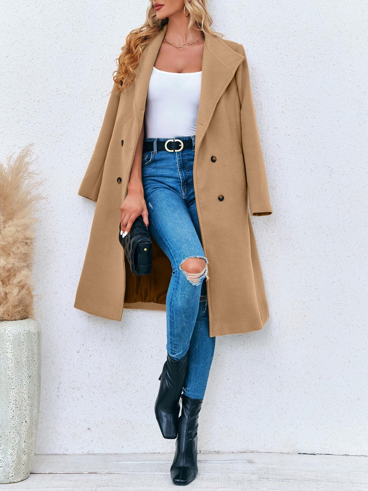 Fisoew Cappotto doppiopetto da donna, lungo, invernale, lavoro, ufficio, soprabito con tasche e cintura