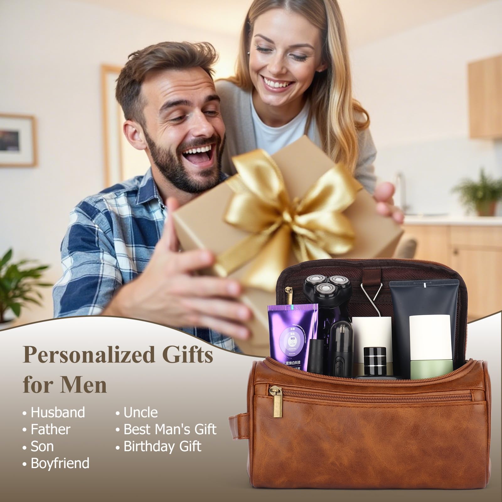 OXYEFEI Neceser personalizado para hombres, regalos personalizados para hombres, iniciales grabadas de piel sintética para hombre, artículos de aseo de viaje, afeitado, artículos esenciales de viaje