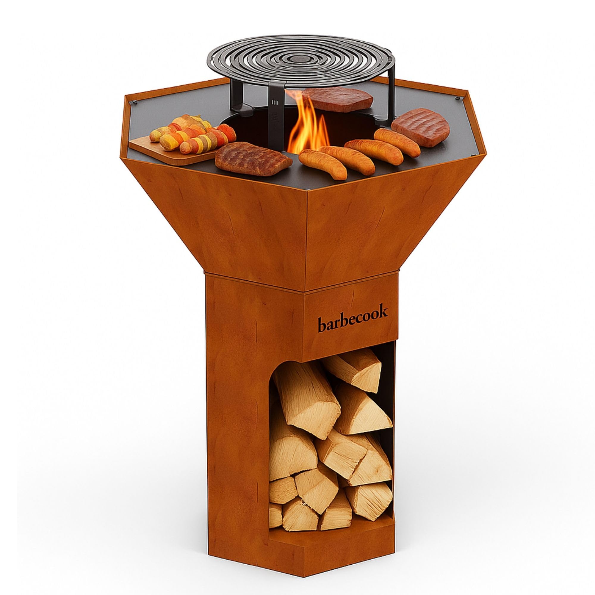 Barbecook Nestor oryginalny grill zewnętrzny na drewno z deską i podwyższoną kratką ze stali corten, 92 x 92 x 120 cm