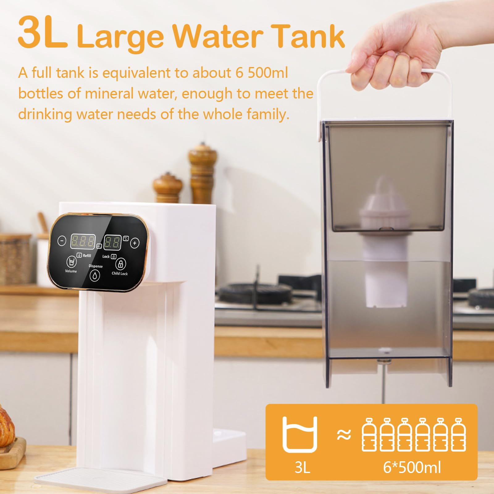 Distributeur d'Eau Chaude 3L Numérique Instantané écran Tactile LED 12 Réglages Température 8 Réglages Volume Filtre Charbon Actif