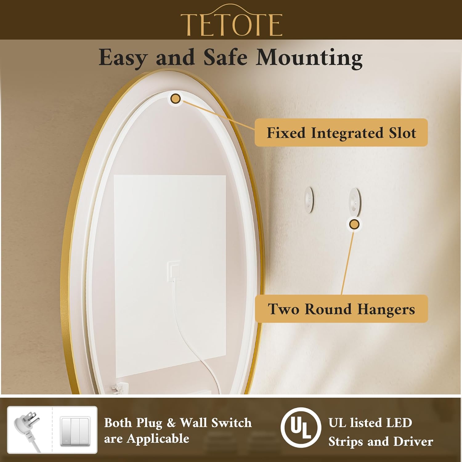 TETOTE Gold Oval Led Mirror with Lights 20" x 28" Metal Framed Oval Lighted Bathroom Vanity Mirror Wall Mounted, Front and Backlit 3 Color Stepless Dimmable Anti Fog, Shatterproof, CRI 90+