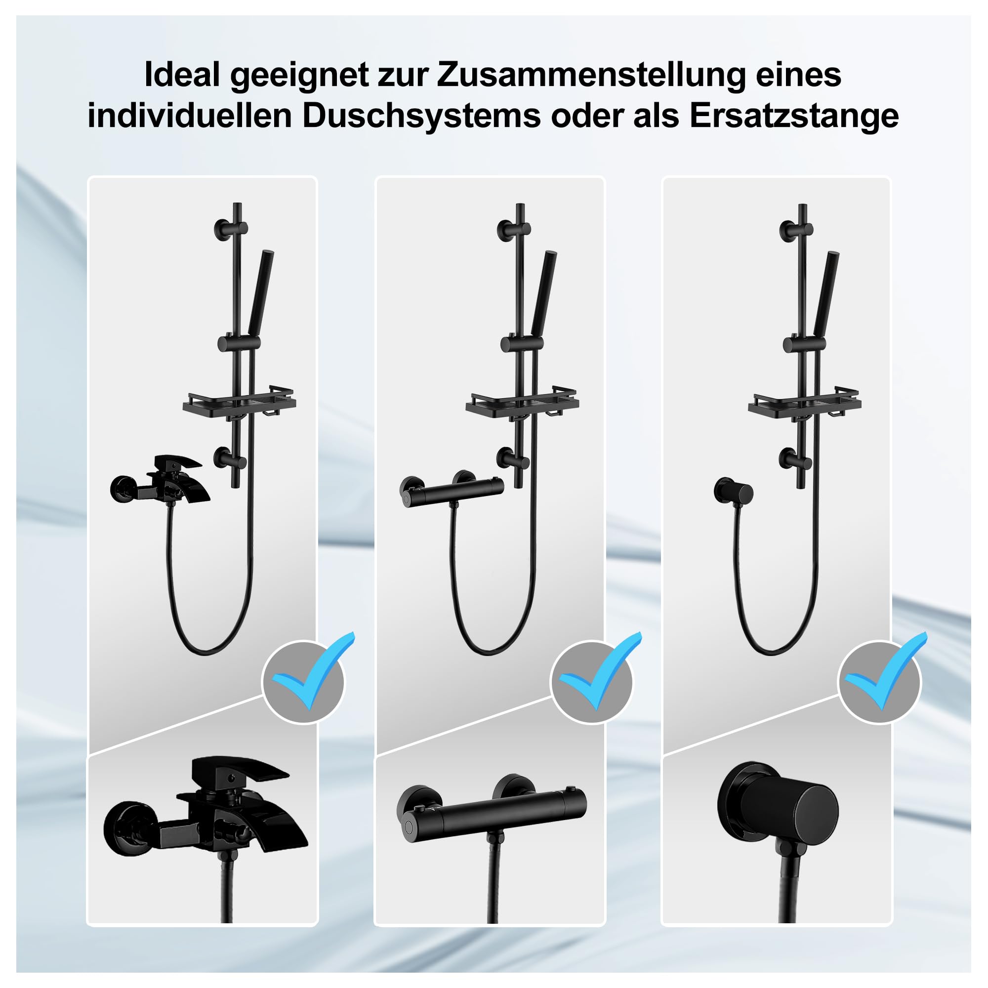 JOHO Barra de ducha de acero inoxidable de 70 cm con estante de ducha, juego de barra de ducha con soporte para cabezal de ducha y juego de ducha de mano con ducha de latón, alcachofa de ducha con