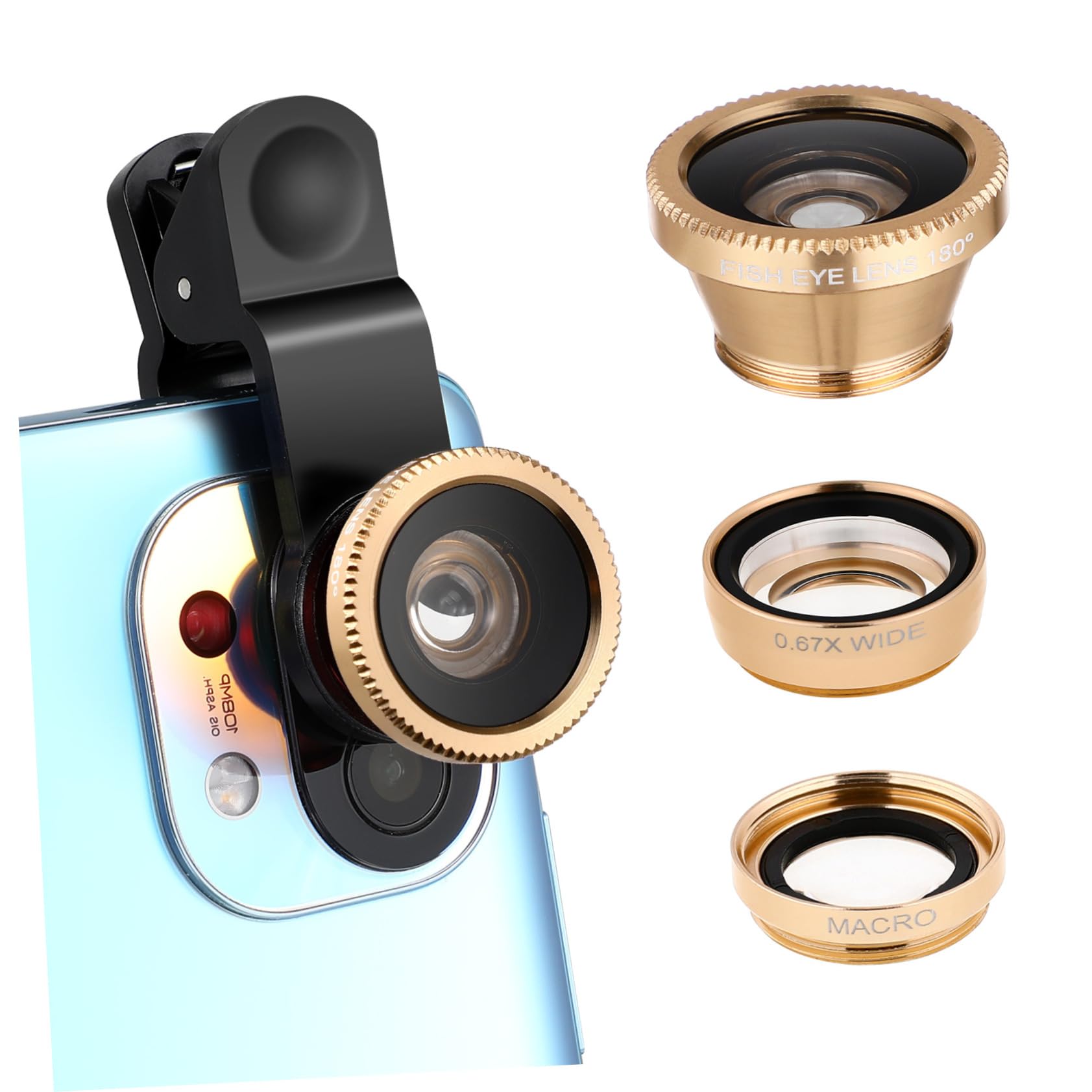 Homoyoyo Smartphone Camera Lens Super Wide Angle Macro Fisheye Lens Clip Easy Installation Professional Photography Golden Finish