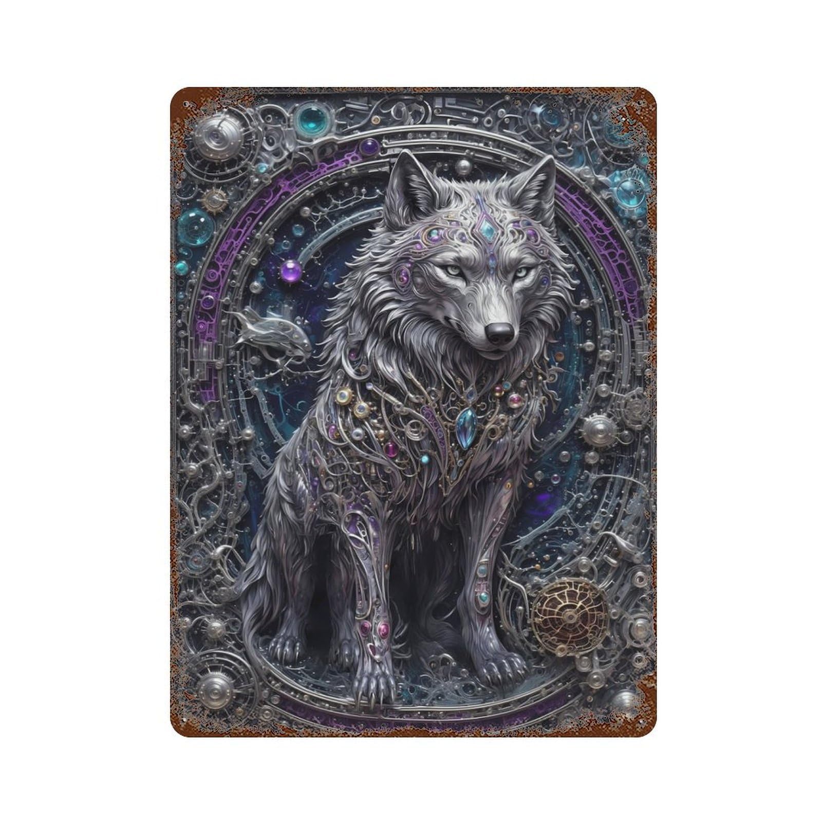 Steampunk White Wolf Vintage Rust Metal Sign 15.7"x11.8", Ideal for Basement, Hobby Room And Garage Decor