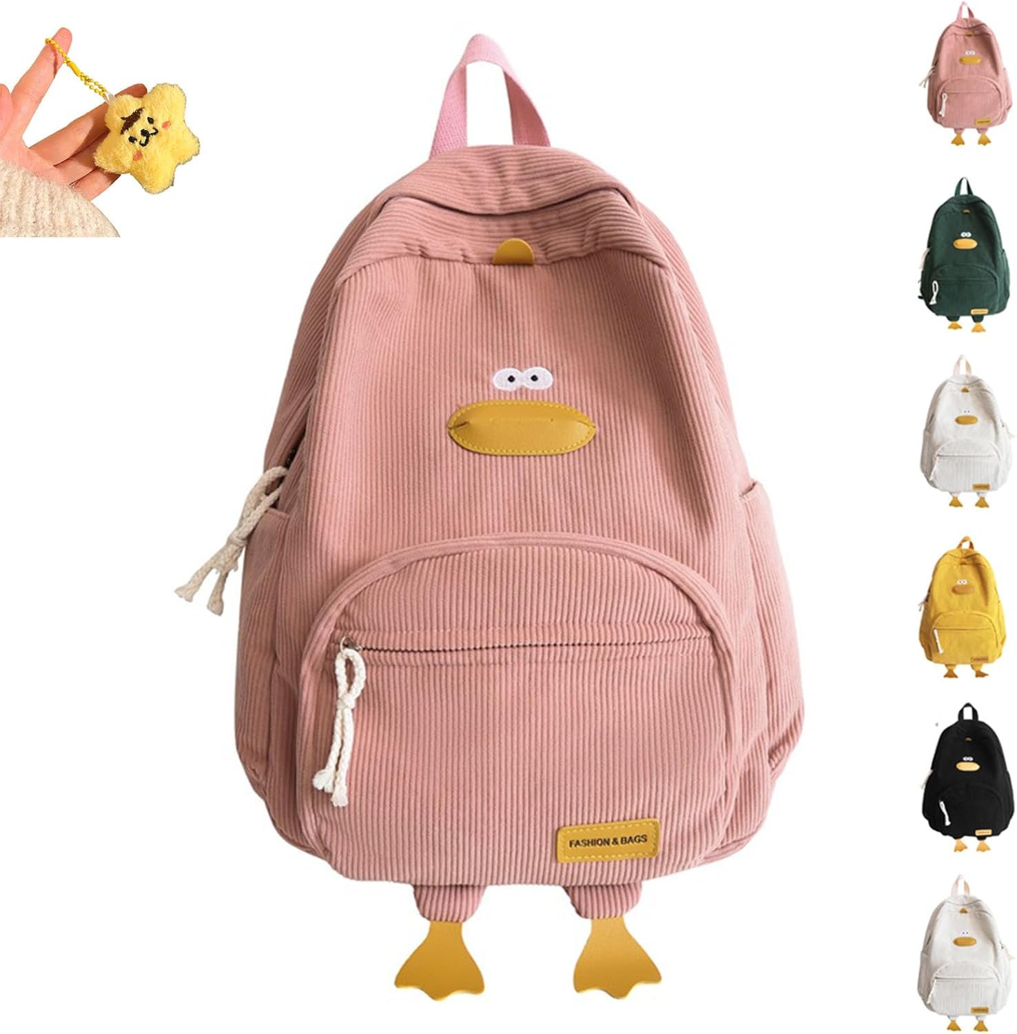 Corduroy Duck Cute Backpack, Kawaii Aesthetic Laptop Backpack, Large Capacity Girls Travel Bag Adjustable Strap (Pink)
