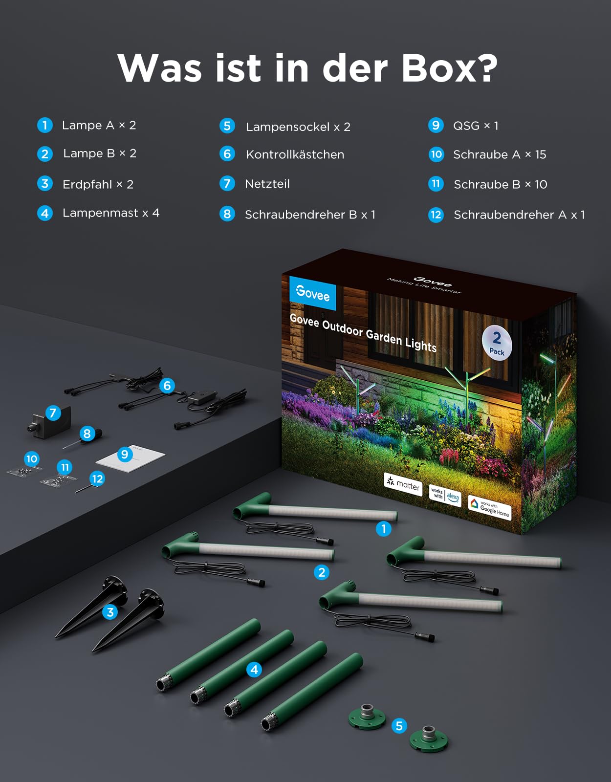 Govee RGBWWIC Gartenleuchte, 1100lm 16M DIY-Farben, CRI 94, IP66 Metall | 1100lm 2700-6500K, 3x2.5m Coverage, 30-90cm DIY Höhe, 64 Scenes, 20,000h life, Alexa Matter Kompatibel, Branch-style design