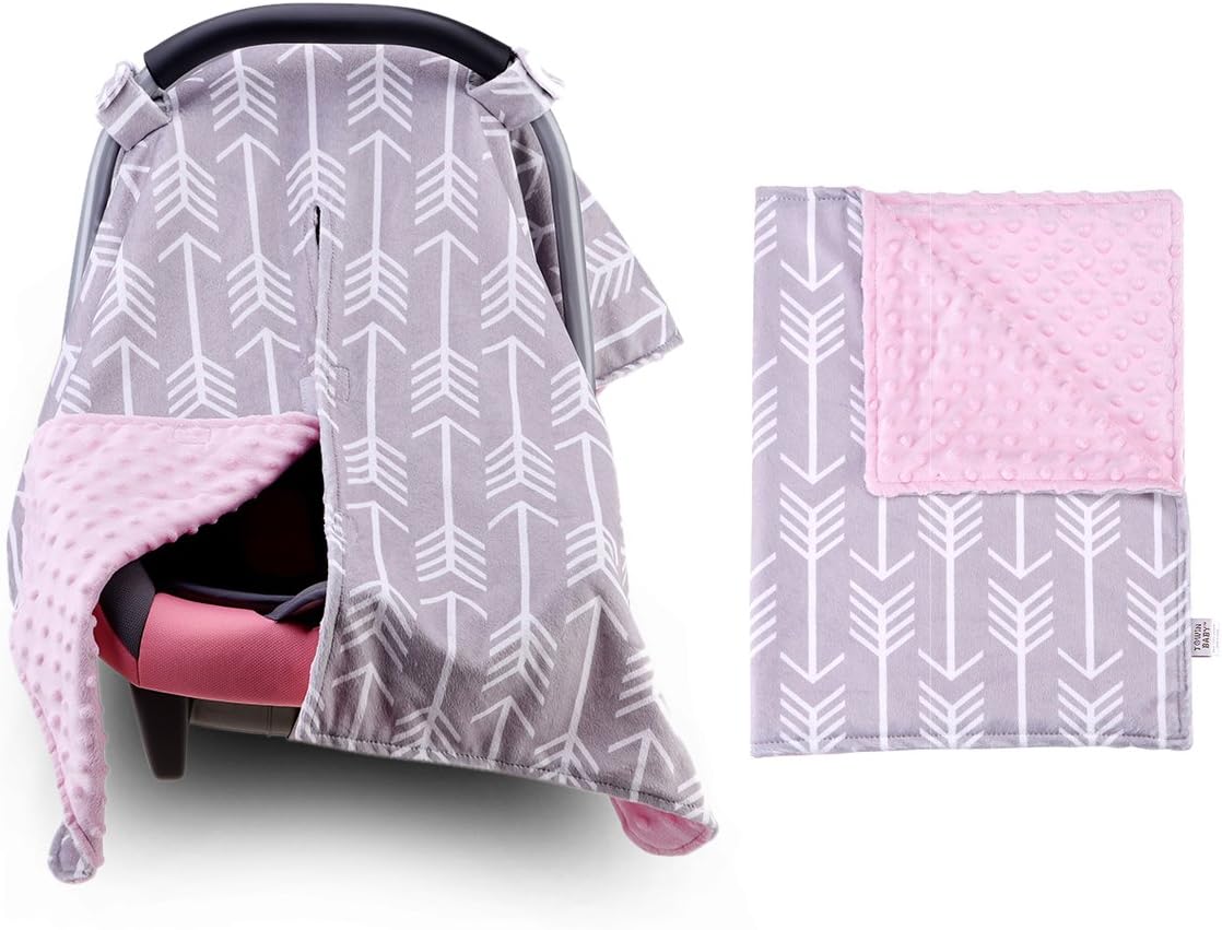 Car Seat Canopy and Nursing Cover Matching a Arrow Minky Baby Blanket 2Pcs Set,Pink