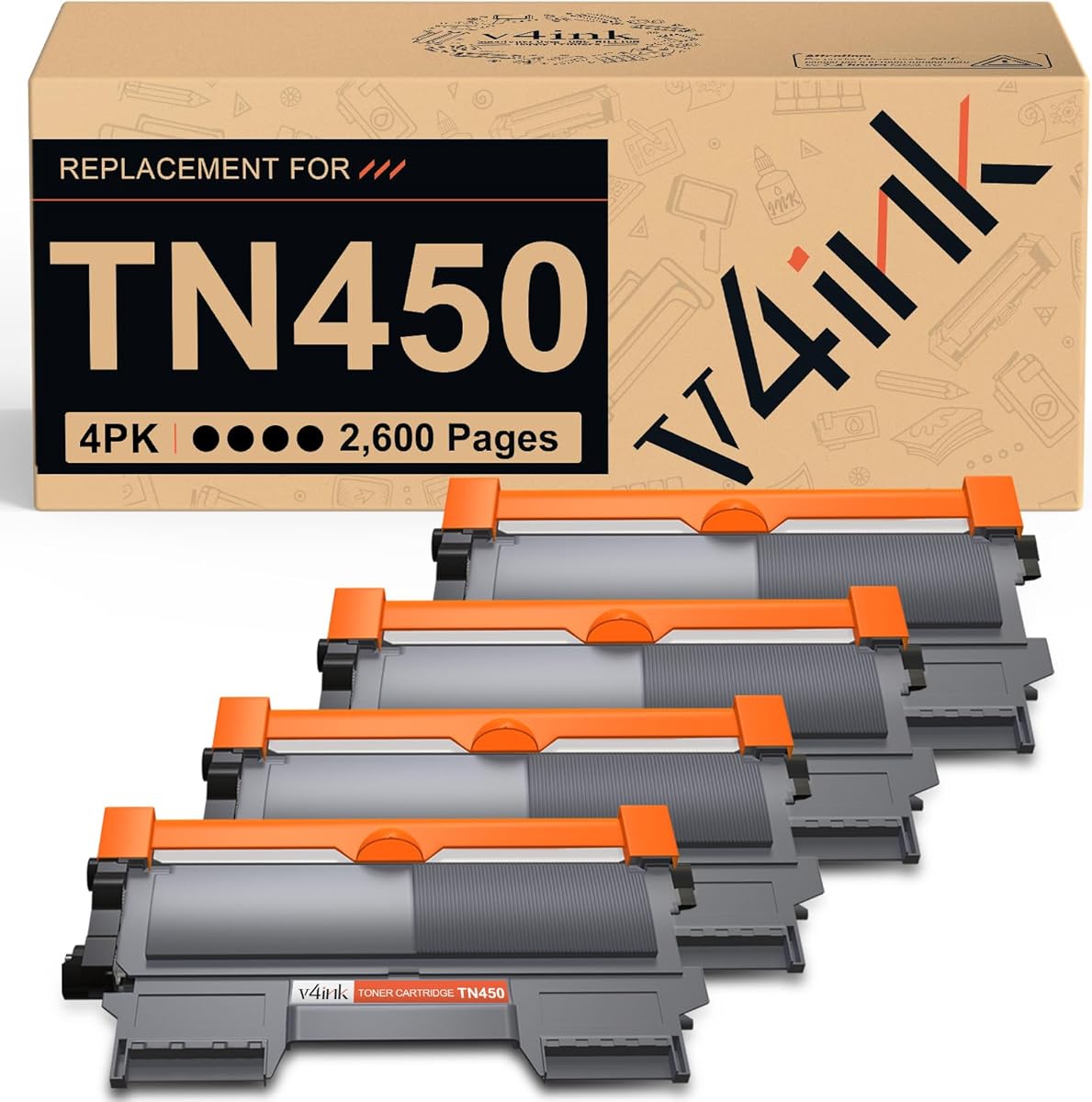 v4ink 4PK TN450 Toner Cartridge Compatible Replacement for Brother TN450 TN420 Toner Cartridge High Yield Black Ink for HL-2240d HL-2270dw HL-2280dw MFC-7360n MFC-7860dw IntelliFax 2840 2940 Printer