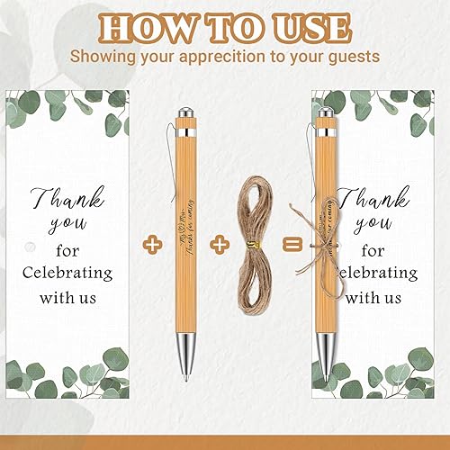 Miniatura 3 de Yeaqee 104 bolígrafos retráctiles de bambú para boda, incluye 50 bolígrafos retráctiles de bambú de madera de tinta negra, 50 tarjetas de marcador
