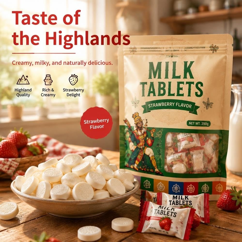 Tabletki z mlekiem jaka truskawkowego 250g – 2 opakowania, chrupiący