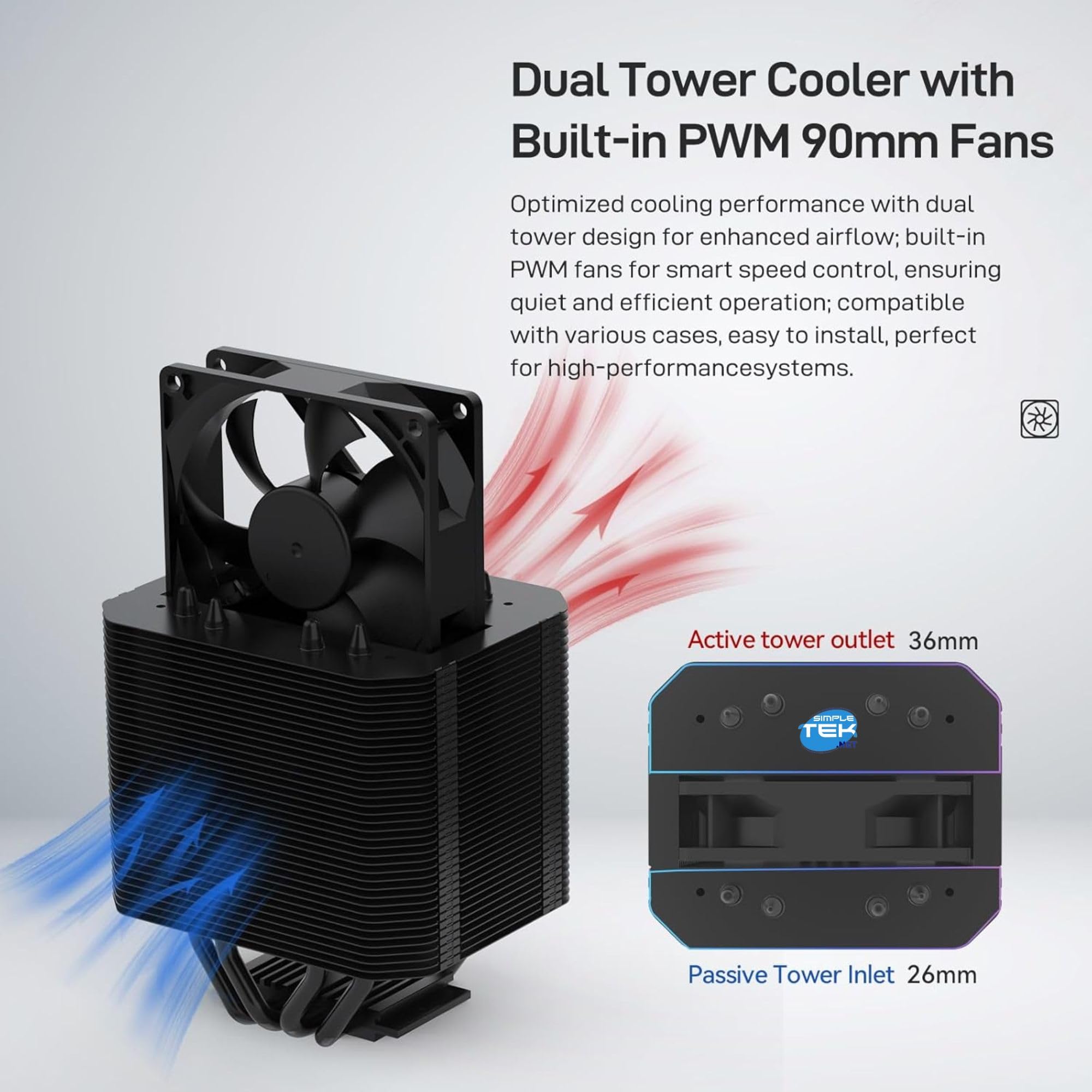SIMPLETEK - Disipador CPU ARGB 92mm | 12V, 180W TDP | Compatible con 1851 1700 1200 1156 1155 1150 1151 1366 2011 AM3 AM4 AM5 | Negro
