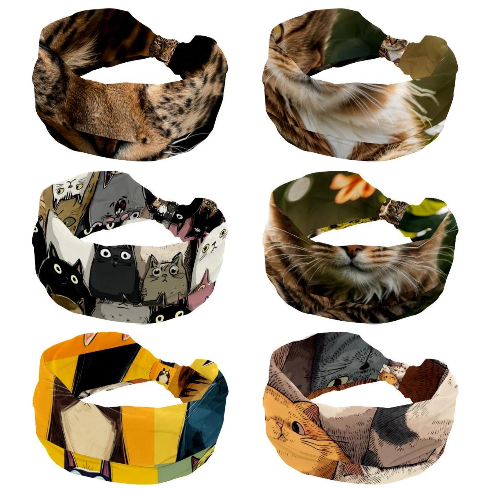 Lot de 6 bandeaux élastiques pour femme avec motif chats - Pour yoga et entraînement - Anti-transpiration - Souple - Simple et polyvalent