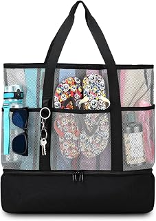 Beach Bag with Cooler,Mesh Beach Bags for Women Sandproof for Pool and Swimming Travel Daily with Durable 8 Pocket