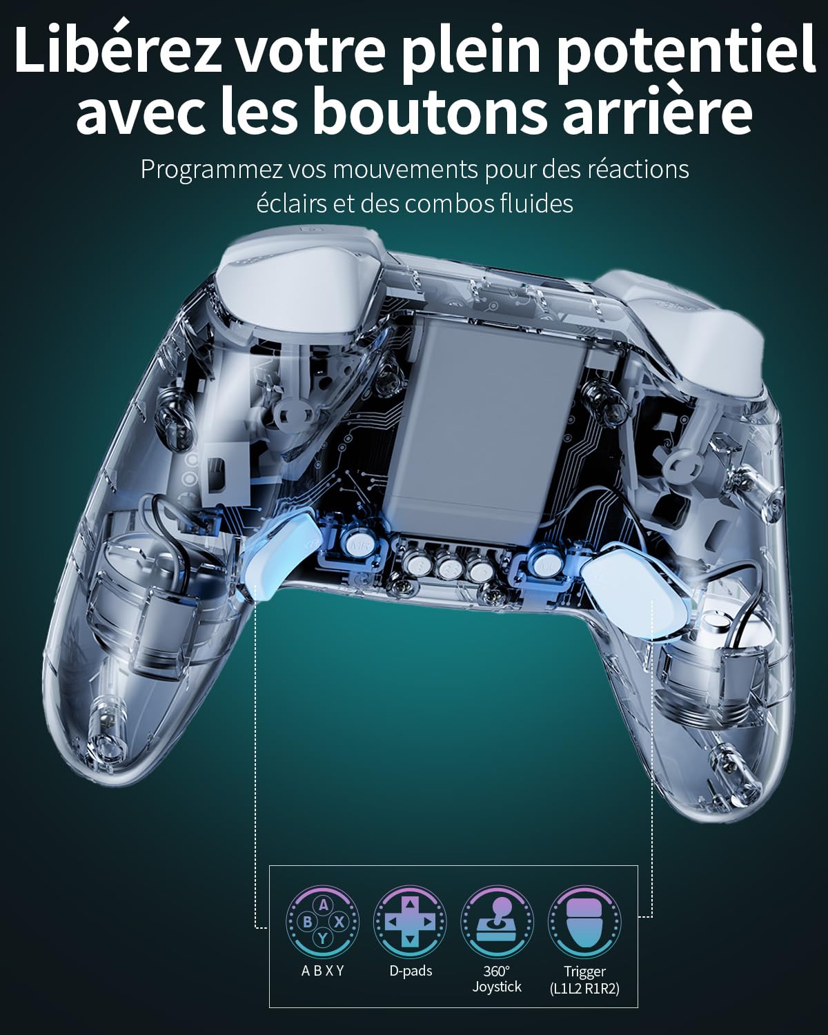 PALPOW Manette PC Sans Fil 2.4G avec Joysticks et Gâchettes à Effet Hall, Manette de Jeu pour Windows/Android/Steam Deck/iPhone/Switch 2, Gamepad Bluetooth avec 8 Couleurs RGB/Turbo - Transparent