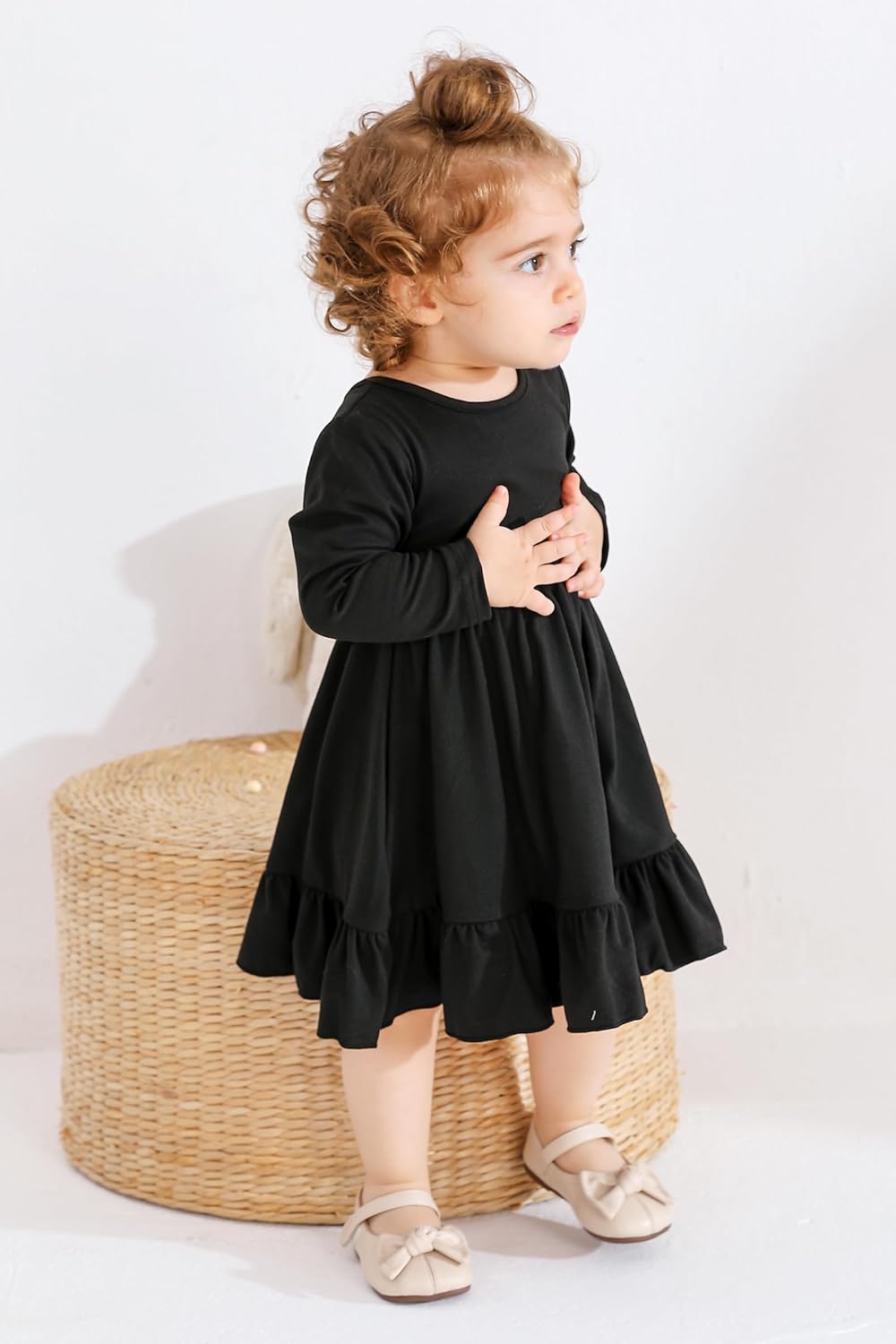 Toddler Girl Casual Solid A-line Twirly Dress Long Sleeve Skater Ruffle Hem Dresses Fall Outfit - Image 2