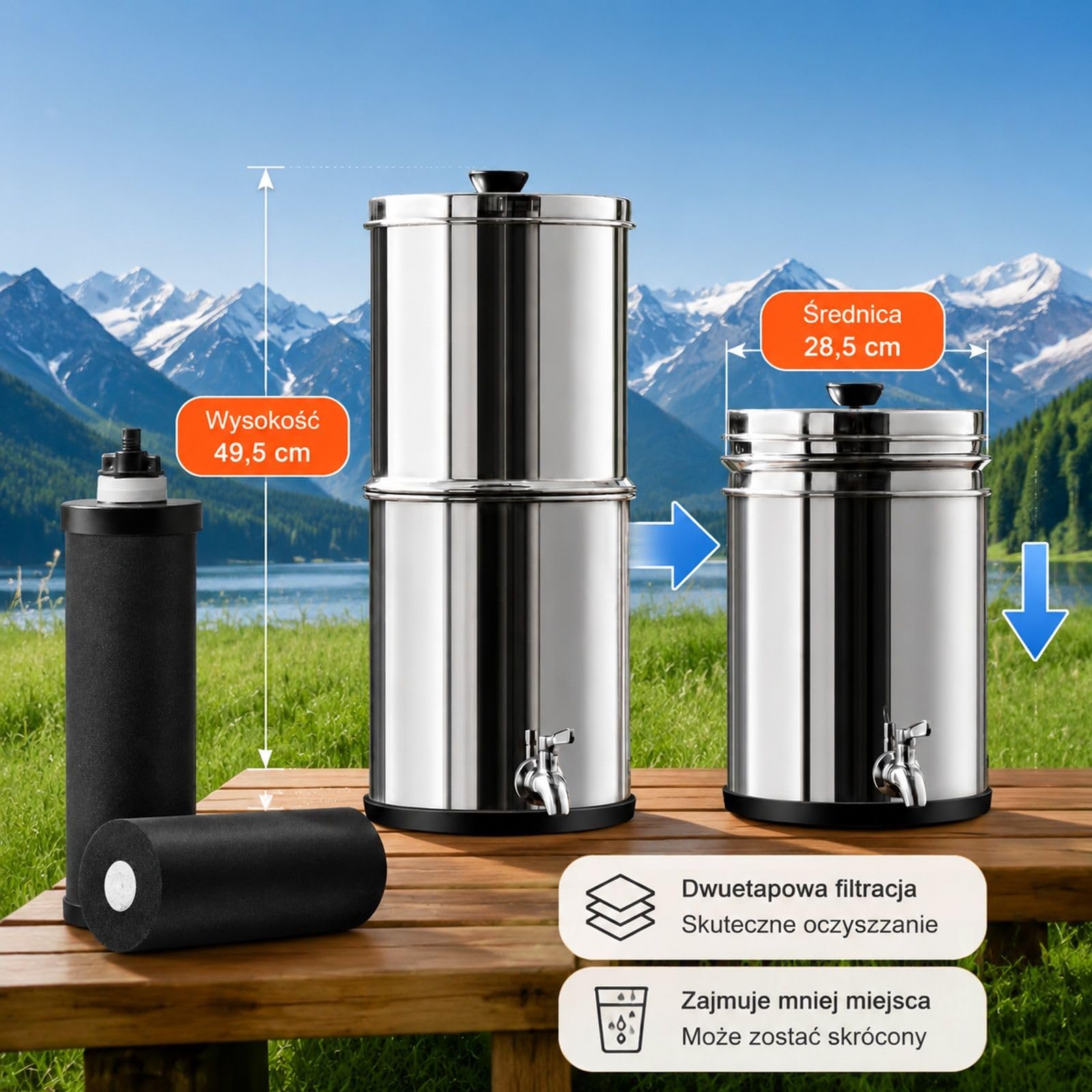 Grawitacyjny system filtracji wody, stal nierdzewna, model blatowy, górna komora 7 l, dolny zbiornik 8,5 l, 2 wkłady węglowe, kranik, kemping, kamper, dom