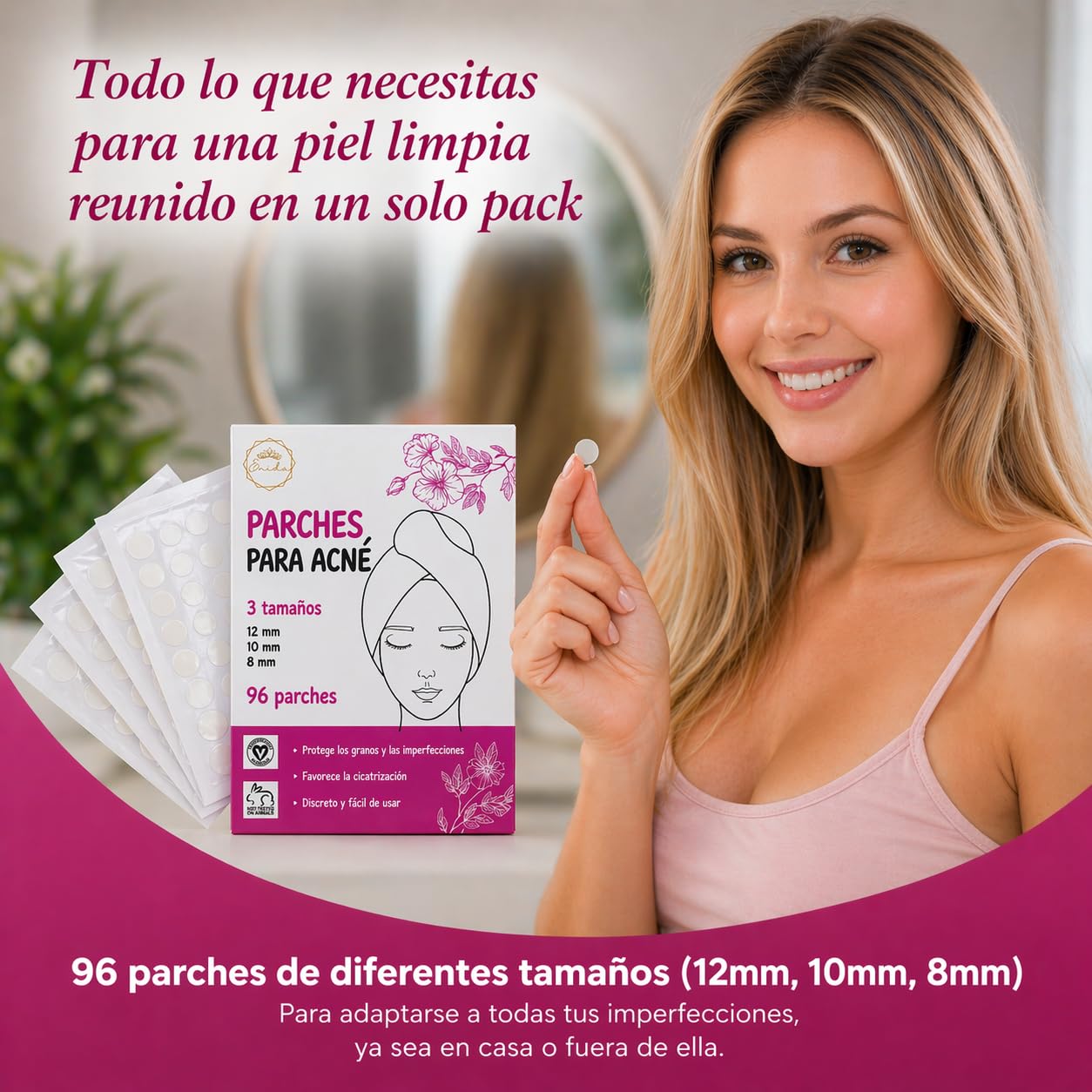Enida - 96 parches antibotones invisibles | 3 tamaños | Acción dirigida en una noche | Parches hidrocoloides para acné | Cuidado facial discreto para adolescentes y adultos | Sin perfume + ebook de