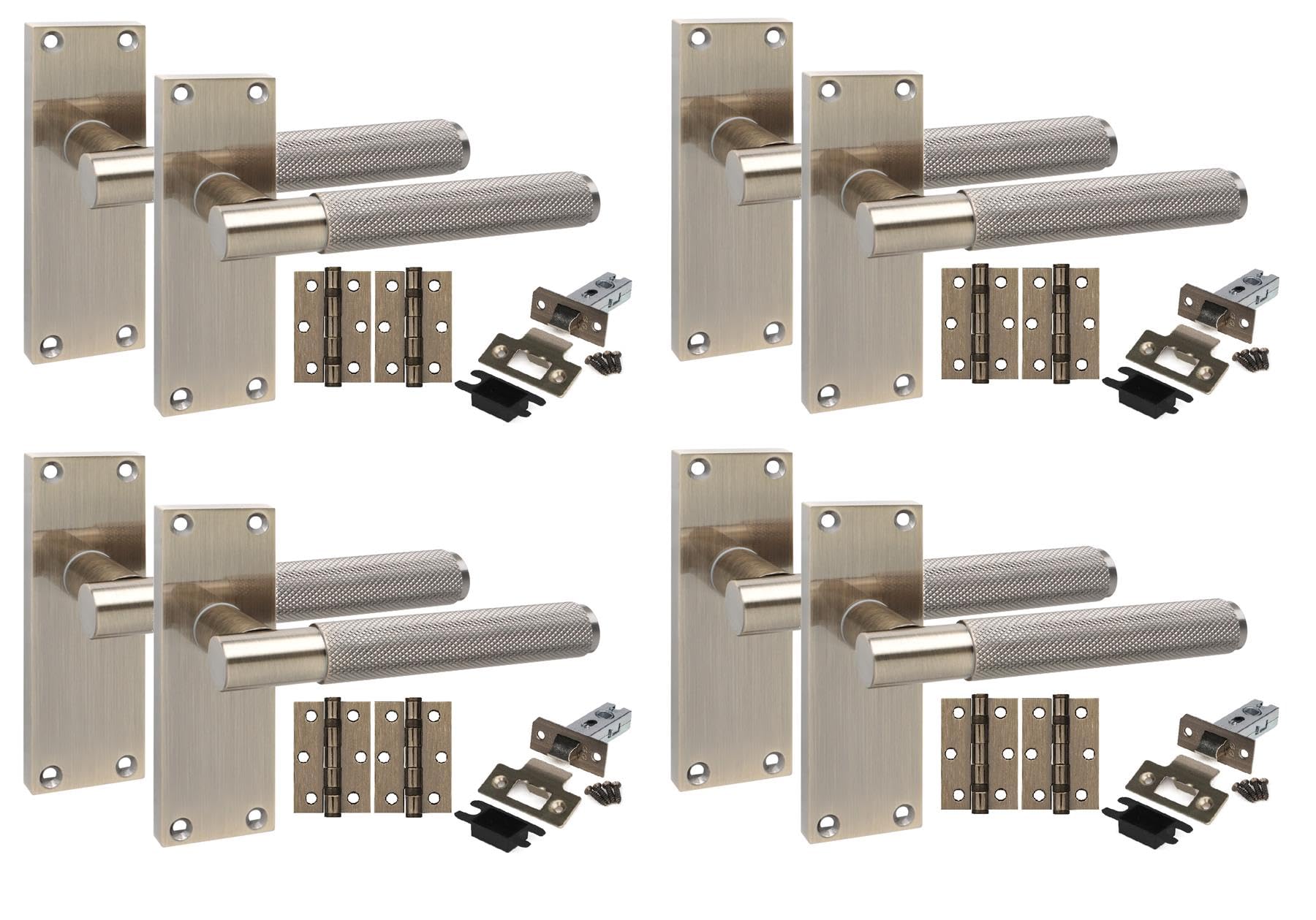 Golden Grace Antique Brass 4 Pair Victorian T-Bar Knurled Internal Door Handle Sets 120 X 40Mm With 2.5" Latch & Hinges