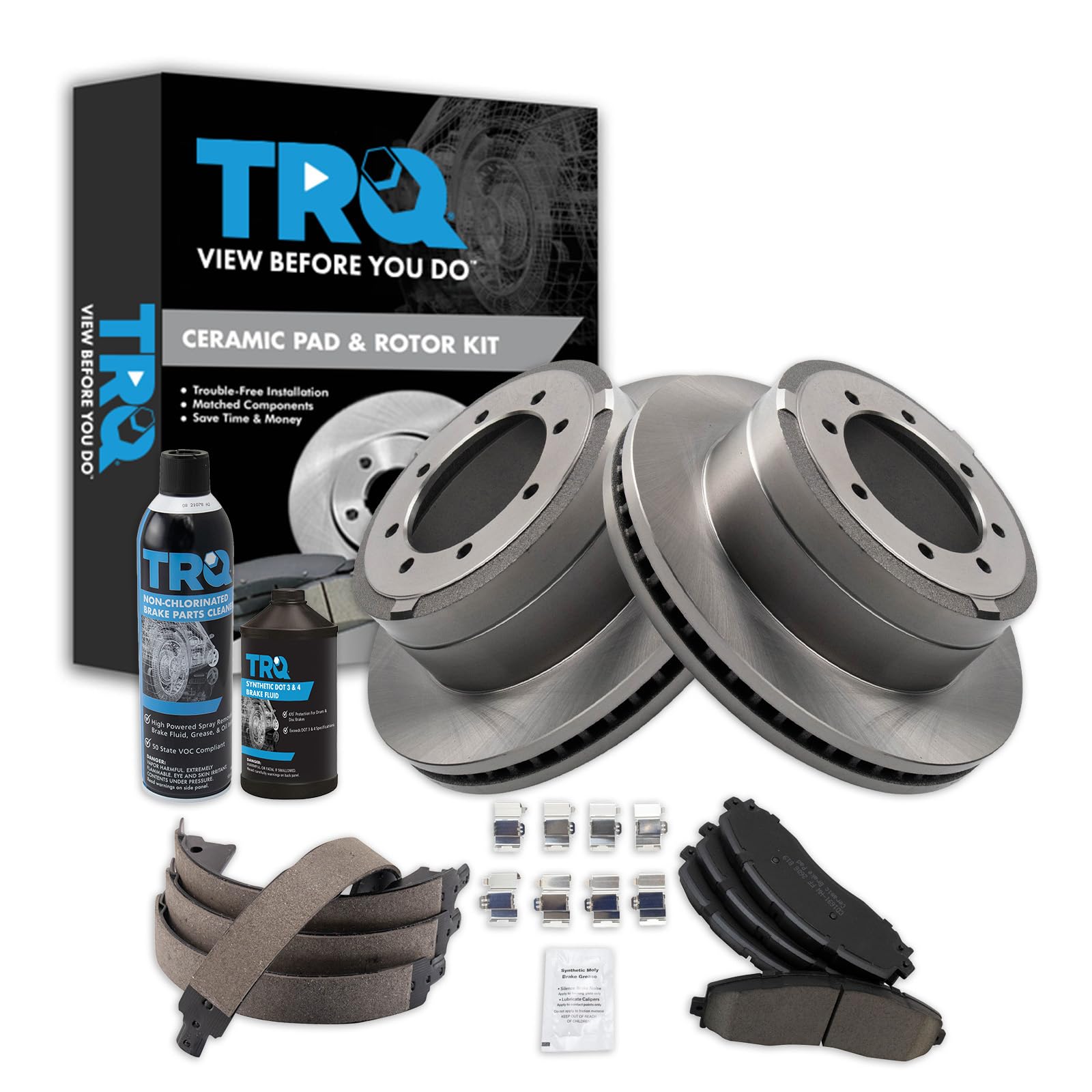 TRQ Rear Brake Pad &amp; Rotor Kit, with Chemical Kit Parking Brake Shoe Set Ceramic Compatible with 2013-2019 Ford F-350 Super Duty 2013-2014 F-450 Super Duty