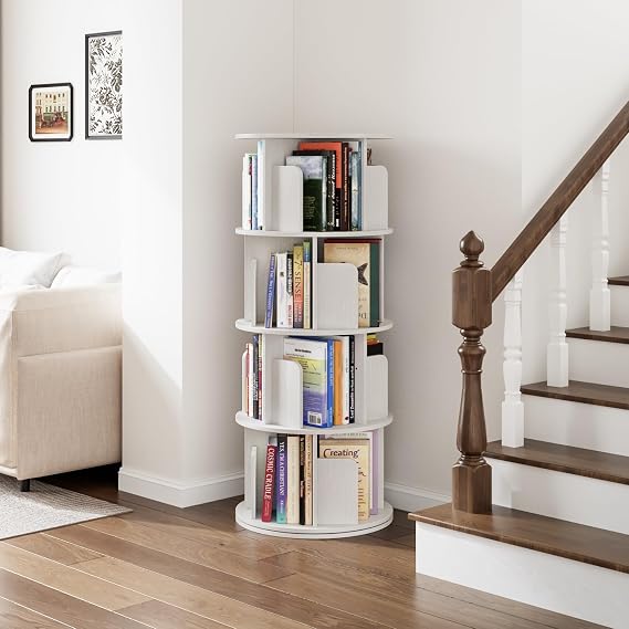 APPOLYN 4 Tier Rotating Bookshelf, 360 Display Spinning Bookcase, White