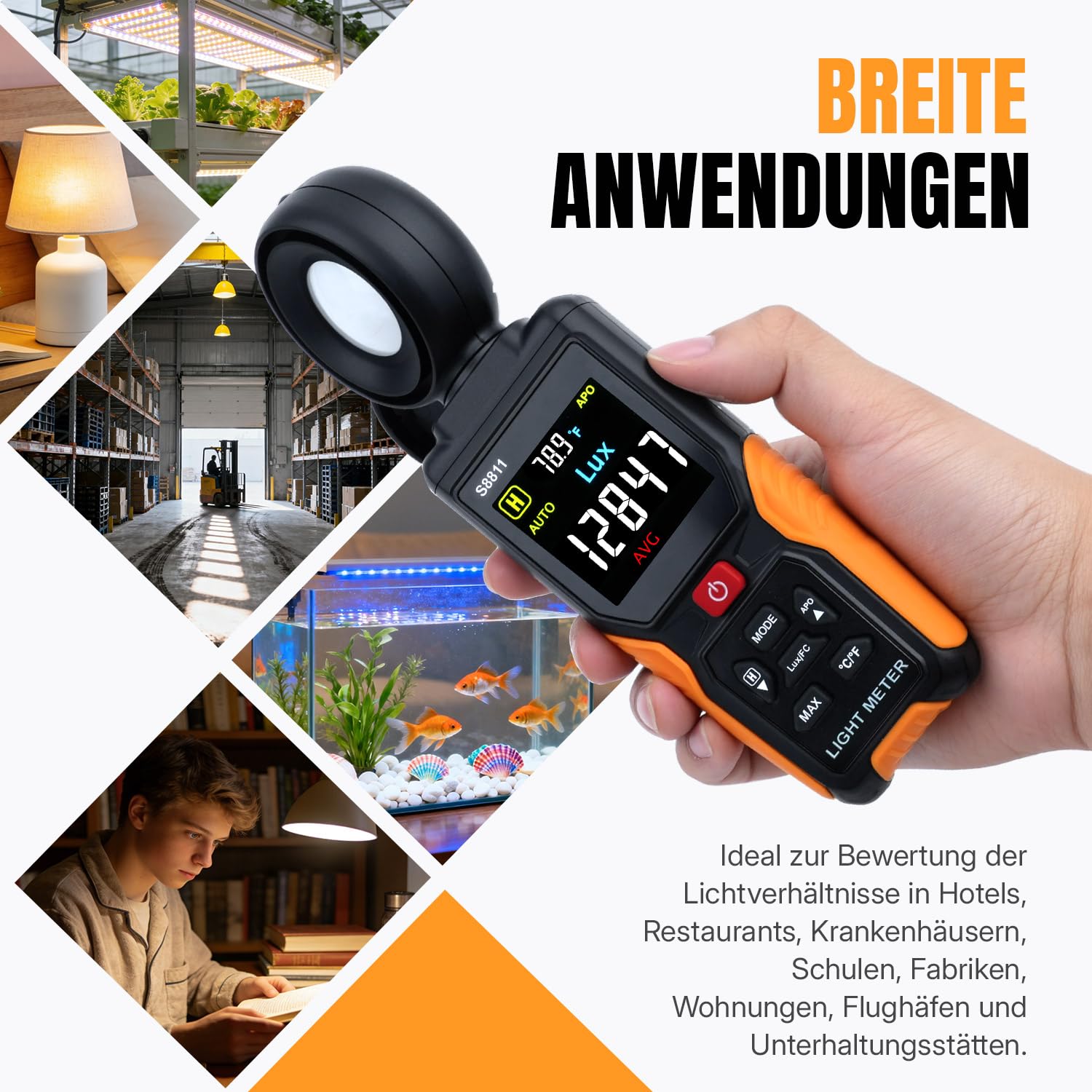 Mcbazel Digitales Luxmeter, Hochpräziser Belichtungsmesser Tragbare Photometer 200.000 Lux/FC mit 270° Sensor, HD-Farbdisplay & Umgebungstemperatur für Pflanzen, Fotografie & Innenräume