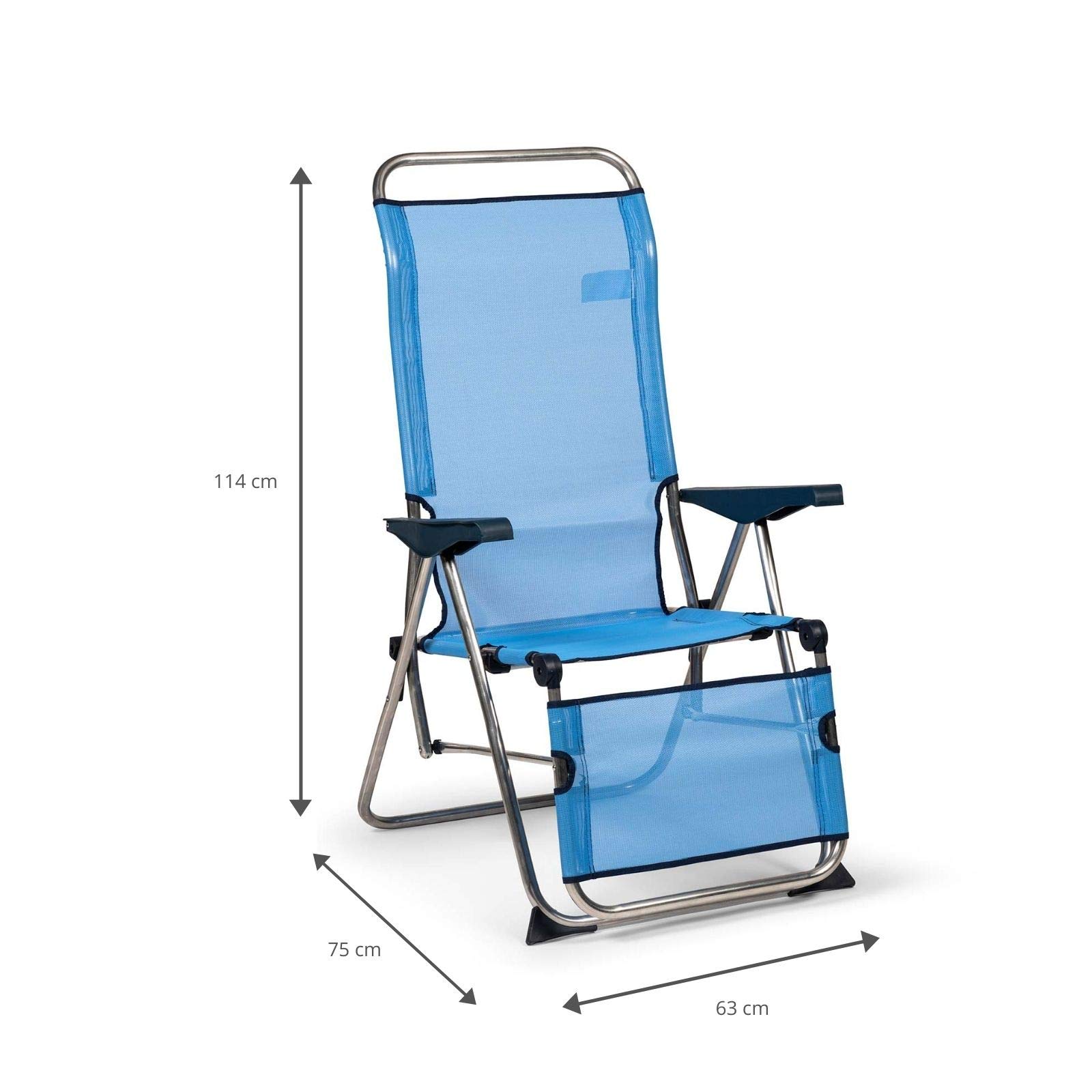 Silla de Playa y JardínPlegable Reclinable con Respaldo Anatómico 75x63x114 cm 5 Posiciones en Color Azul Tejido lavable y Pies Estabilizadores para Mayor Seguridad