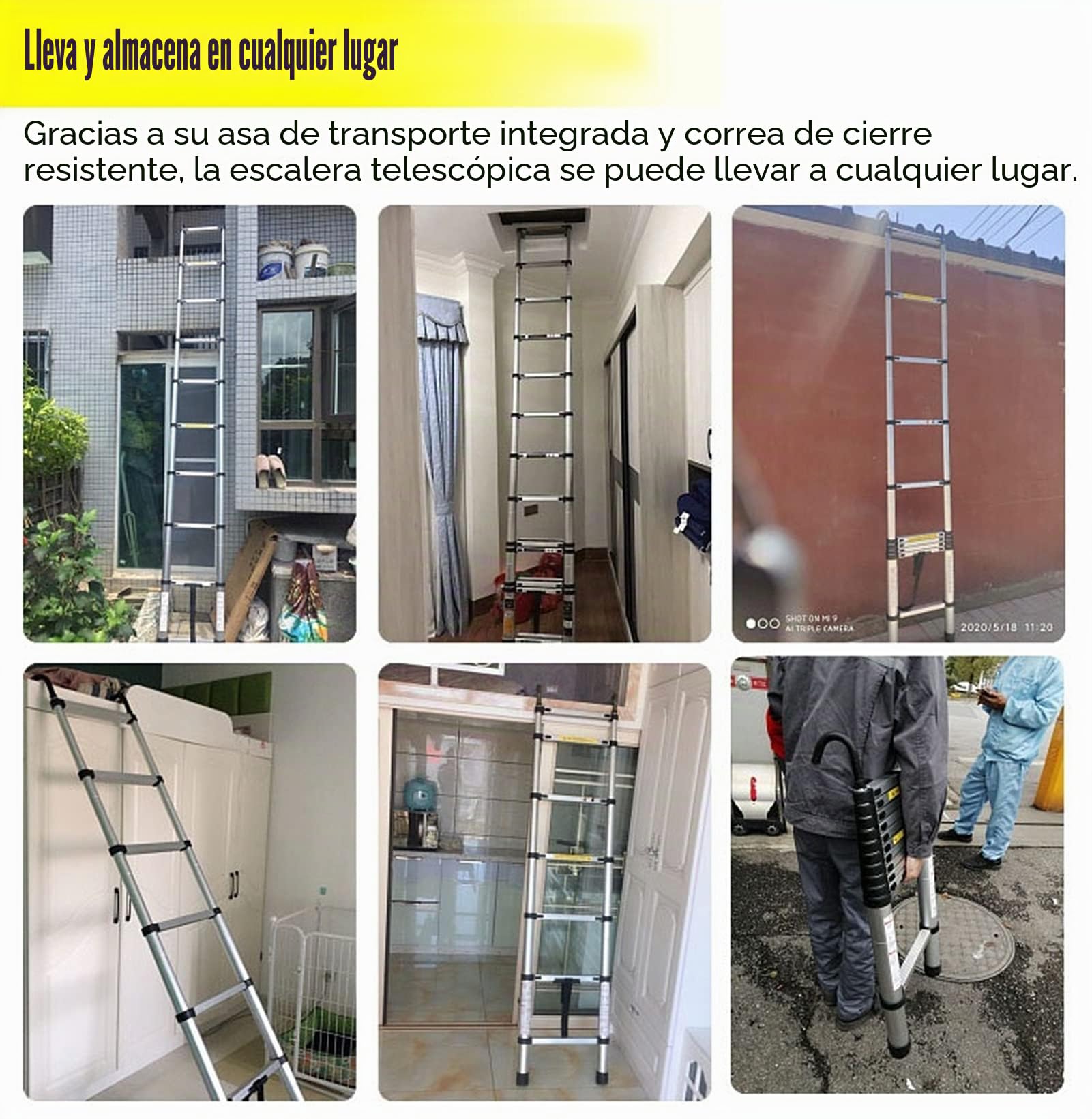 Escalera telescópica telescópica 8m/ 7m/ 6.2m/ 5m/ 4m/ 3.8m/ 2.6m, Escaleras de extensión de Aluminio con Gancho para Negocios de techado, Uso doméstico, Trabajo al Aire Libre de R