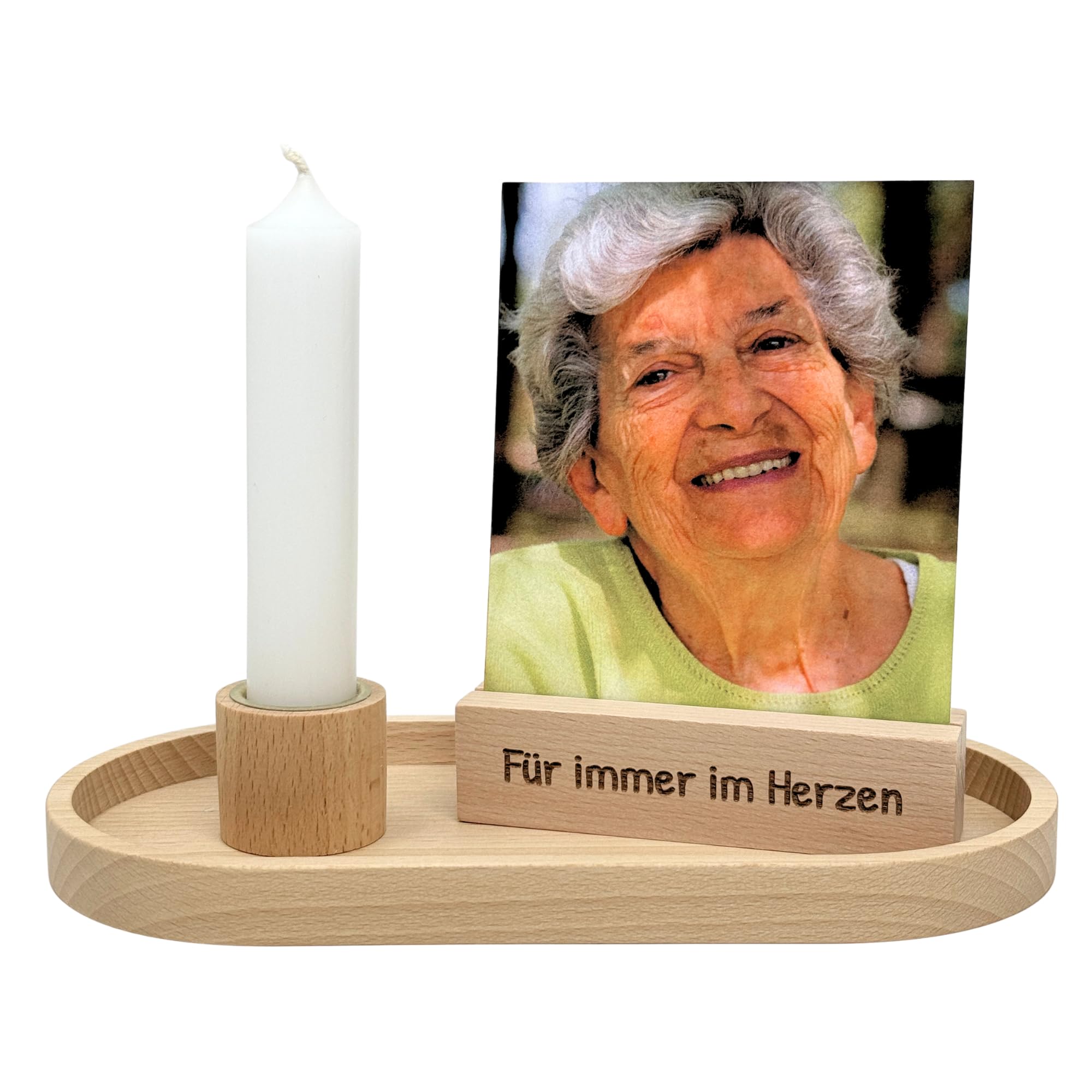 Gedenkset mit Kerzenhalter & Kartenhalter – Erinnerung an Verstorbene – graviert oder personalisiert – Holz Deko für Trauer & Gedenken (Für Immer im Herzen)
