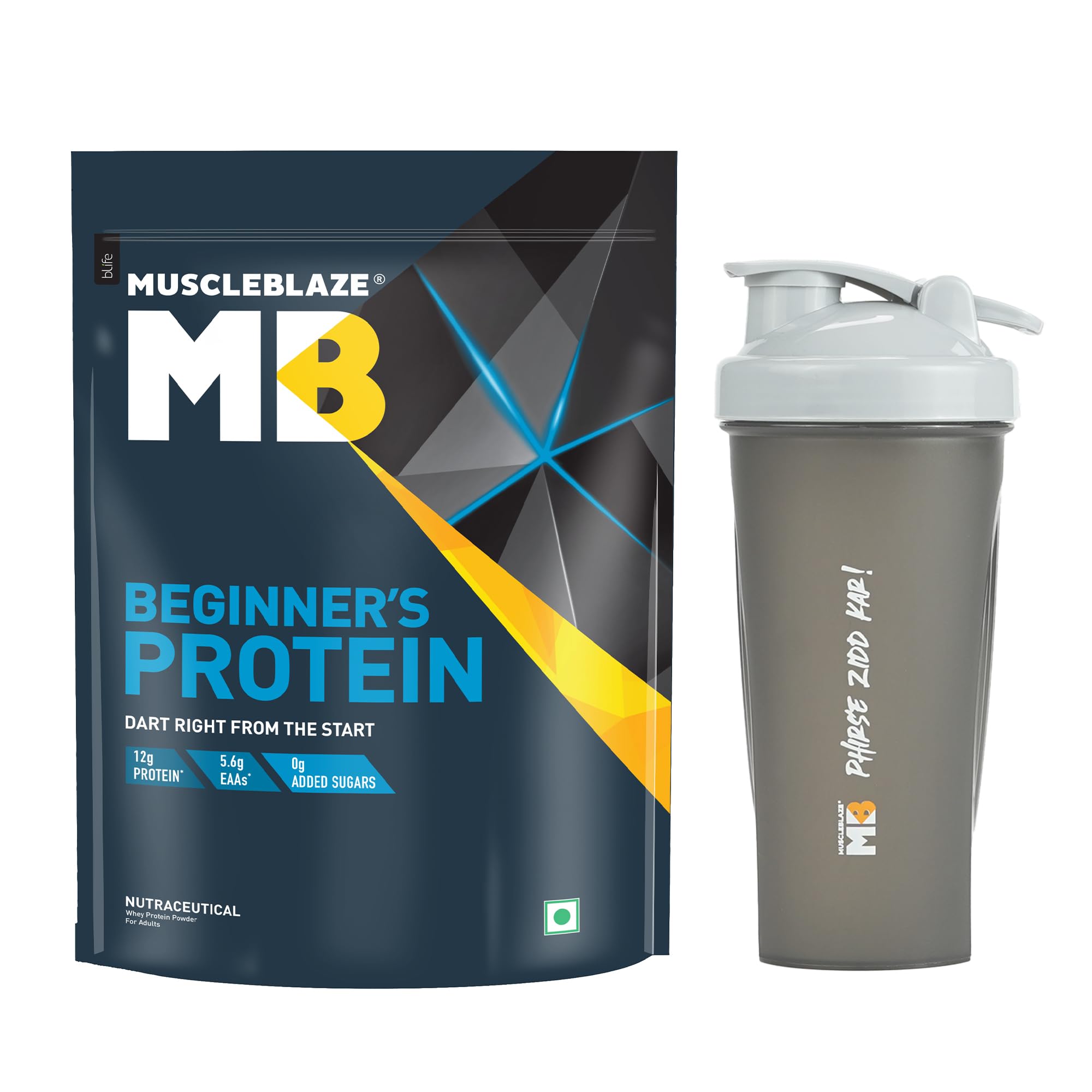 MuscleBlaze Beginner's Whey Protein, No Added Sugar, Faster Muscle Recovery & Improved Strength (Cookies & Cream, 1 kg / 2.2 lb) with Shaker, 650 ml (Combo Pack)