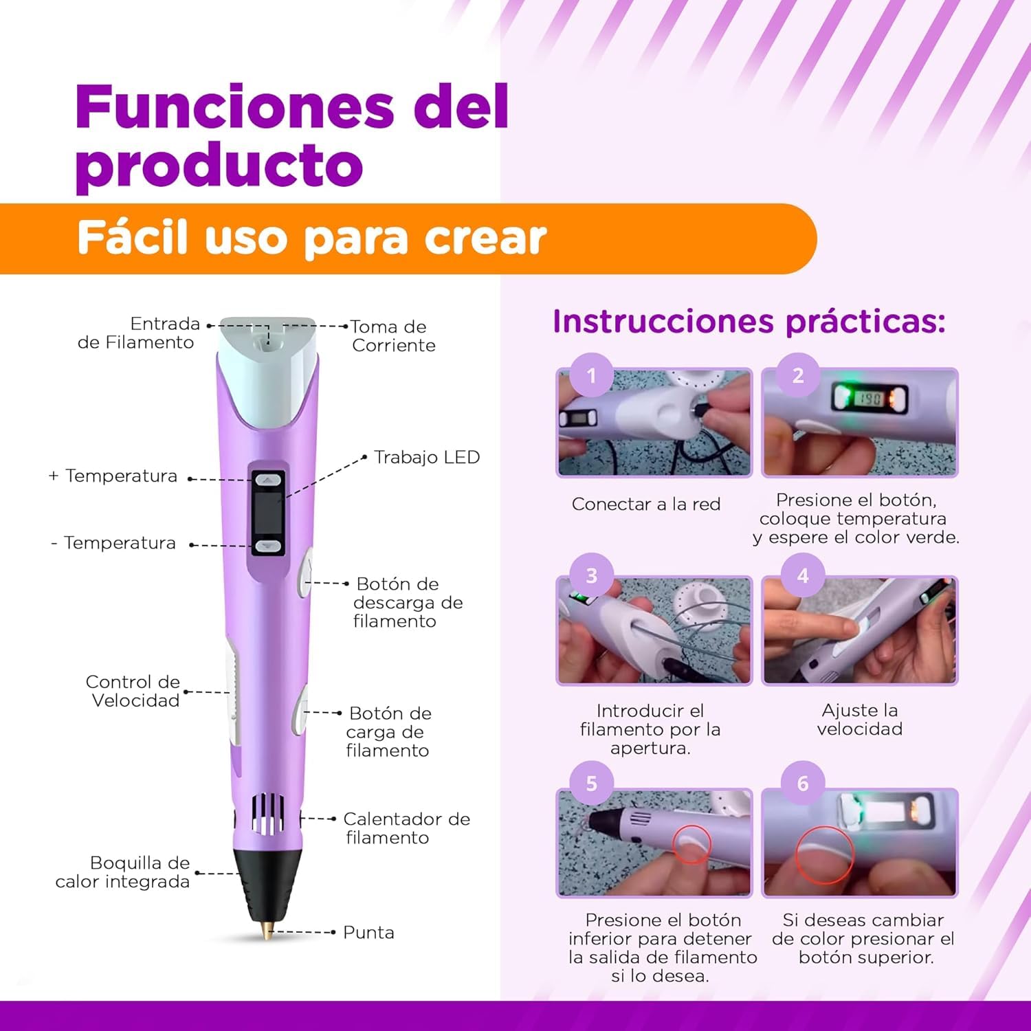 Bolígrafo 3D de Precisión | Kit Completo con 45 m de Filamento PLA (15 Colores) 3 Fluorescentes | Velocidad Regulable | Herramienta para Manualidades y Reparaciones. Pen 3D