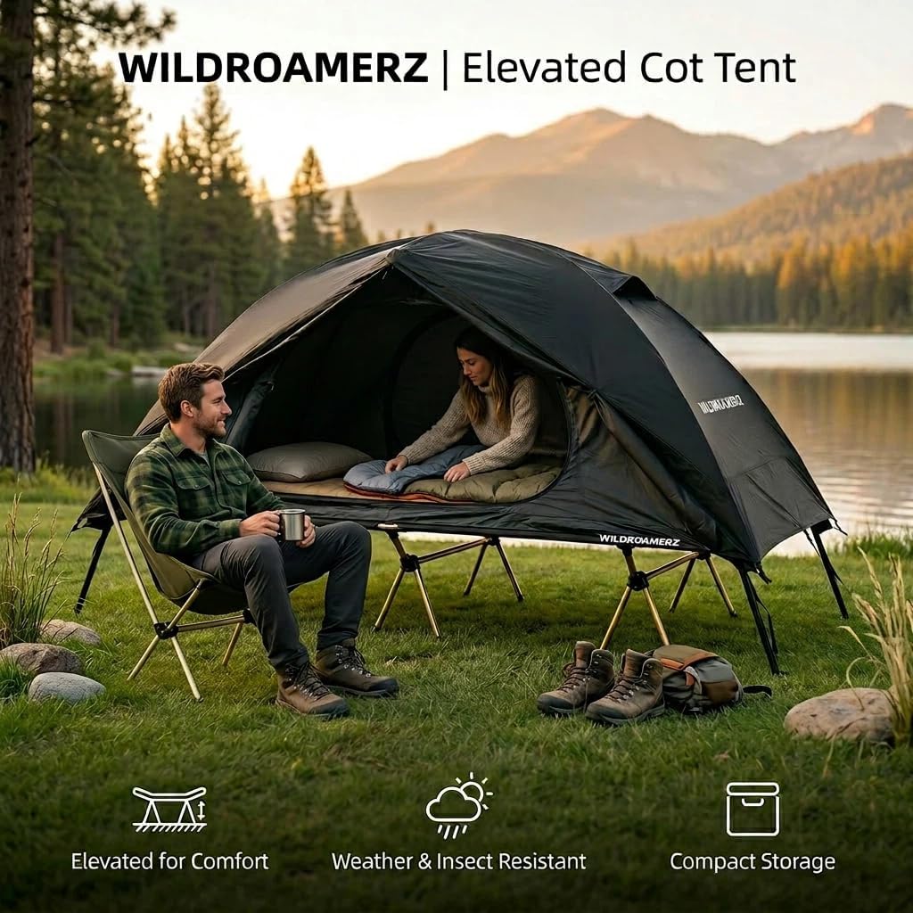 1 Person Off-Ground Tent Cot Combo - Lightweight Backpacking Camping Bed with Rainfly & Mosquito Net, Portable for Solo Motorcycle/Bicycle Travel & Hiking