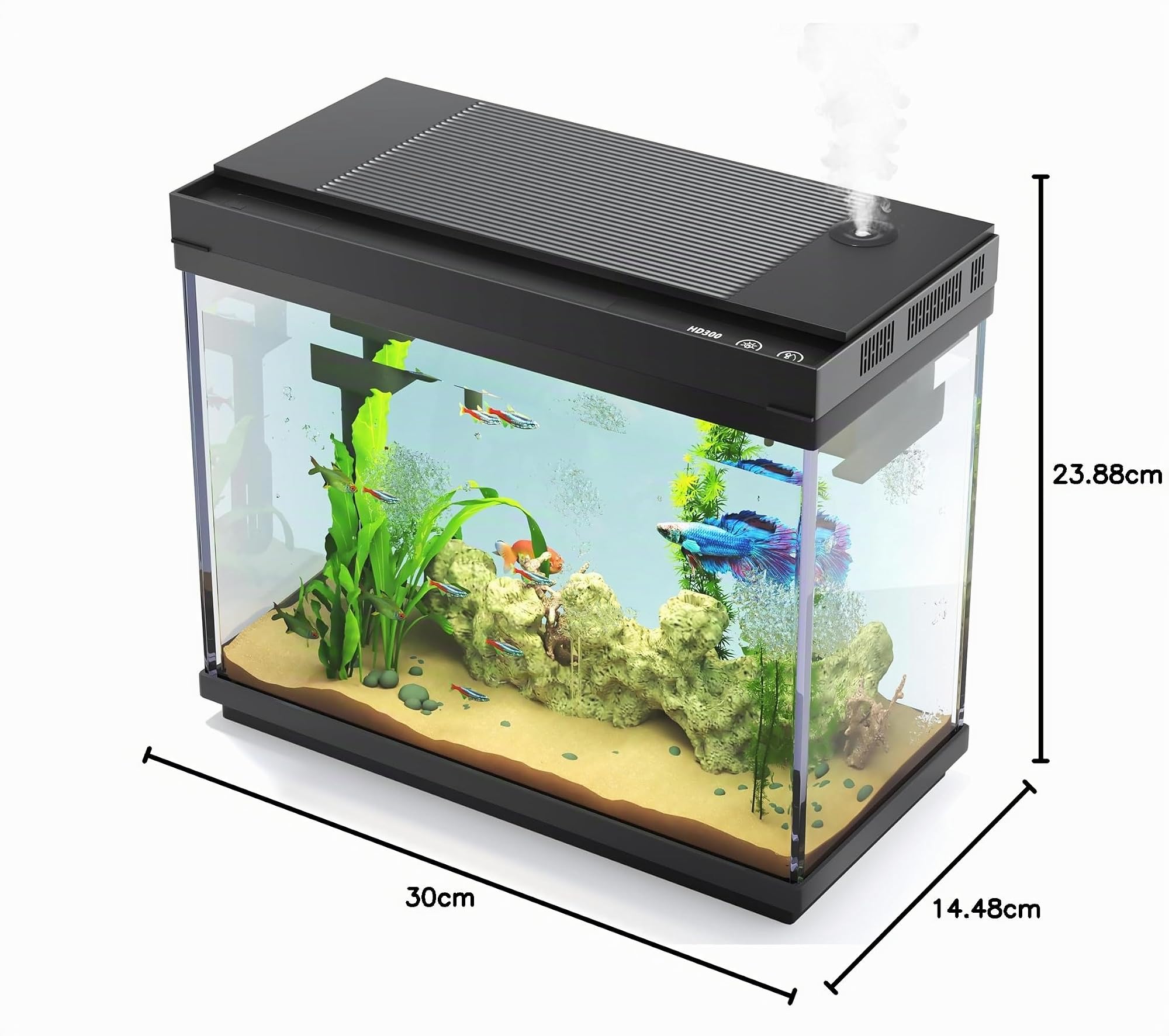 Vehipa Acquario per pesci da 9L, starter kit | con pompa silenziosa 3 in 1, umidificatore intelligente, visualizzazione della temperatura, illuminazione a 7 colori