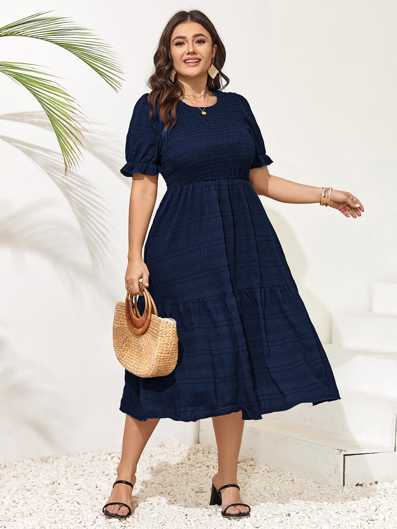 SCOMCHIC Vestidos de Verano para Mujer, Talla Grande, Casual, Manga Corta, Cuello Redondo, Fruncido, con Volantes, Bohemio, para Fiesta, Azul Marino, XXL Más