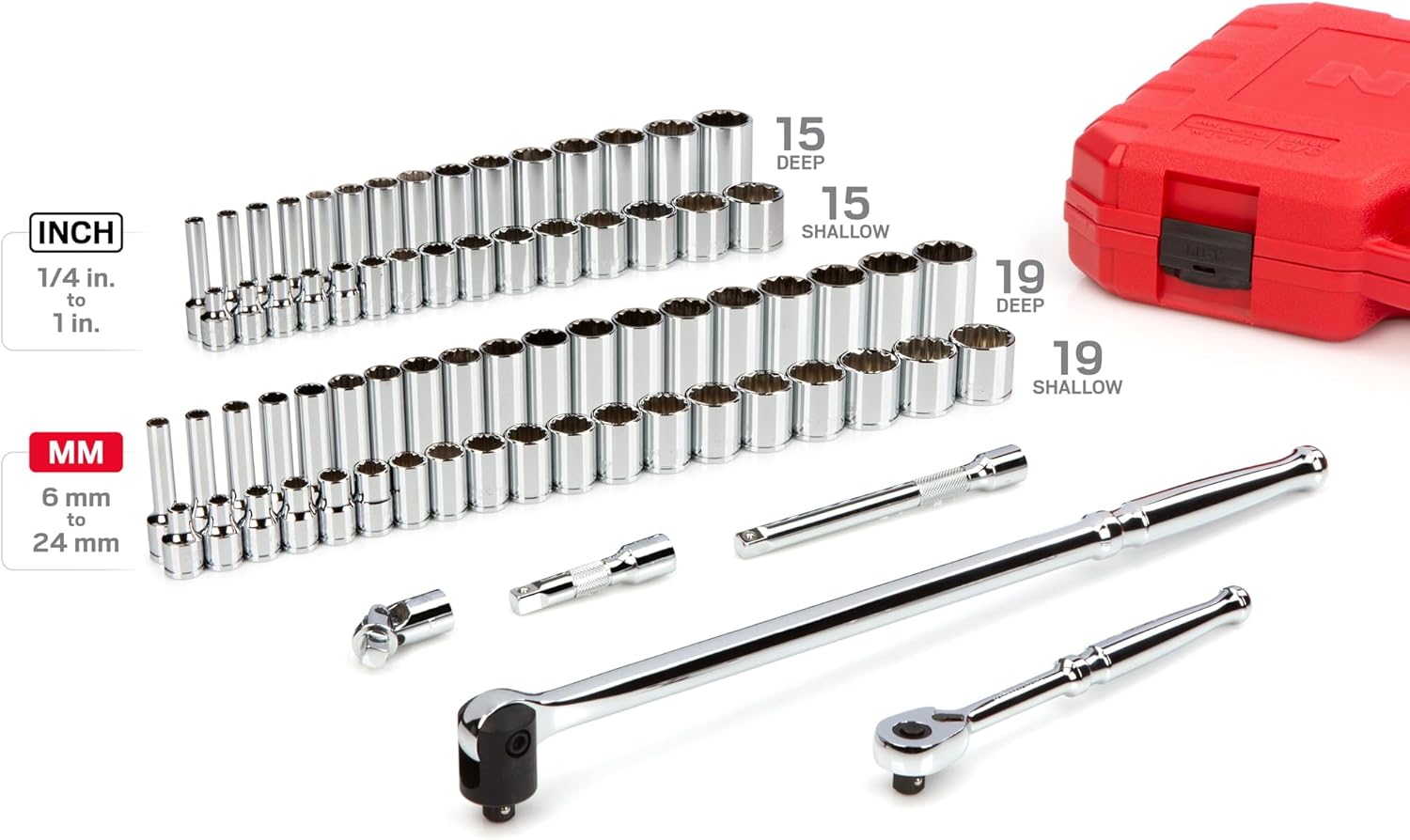 TEKTON 3/8 Inch Drive Shallow and Deep 12-Point Socket and Ratchet Set with Case, 73-Piece (1/4 - 1 in., 6 - 24 mm) | SKT15312